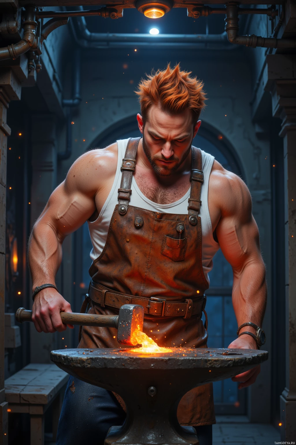 A muscular individual in overalls is forging molten metal on an anvil with sparks flying around.