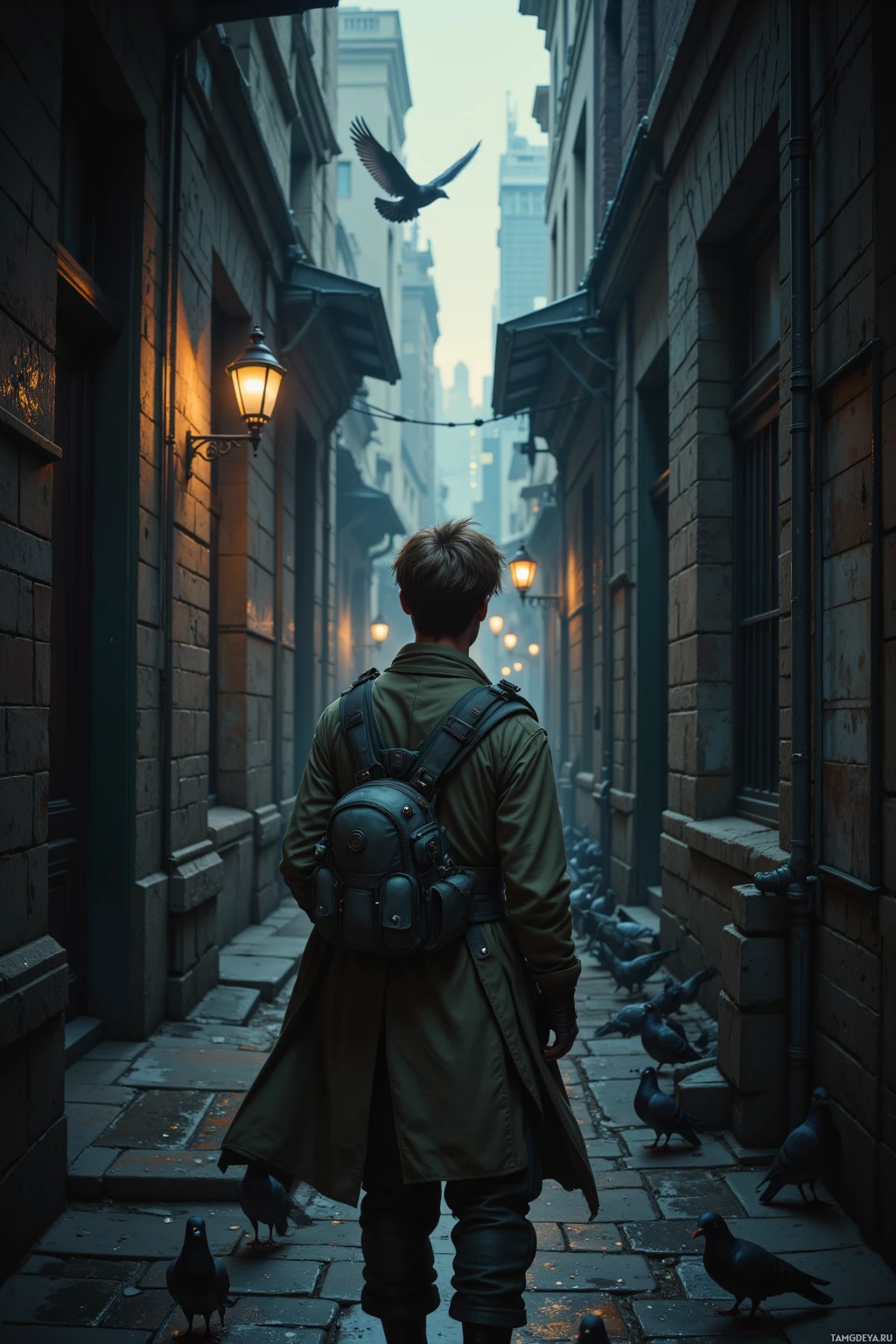 A person in a trench coat and backpack stands in a dimly lit alleyway with pigeons and street lamps.