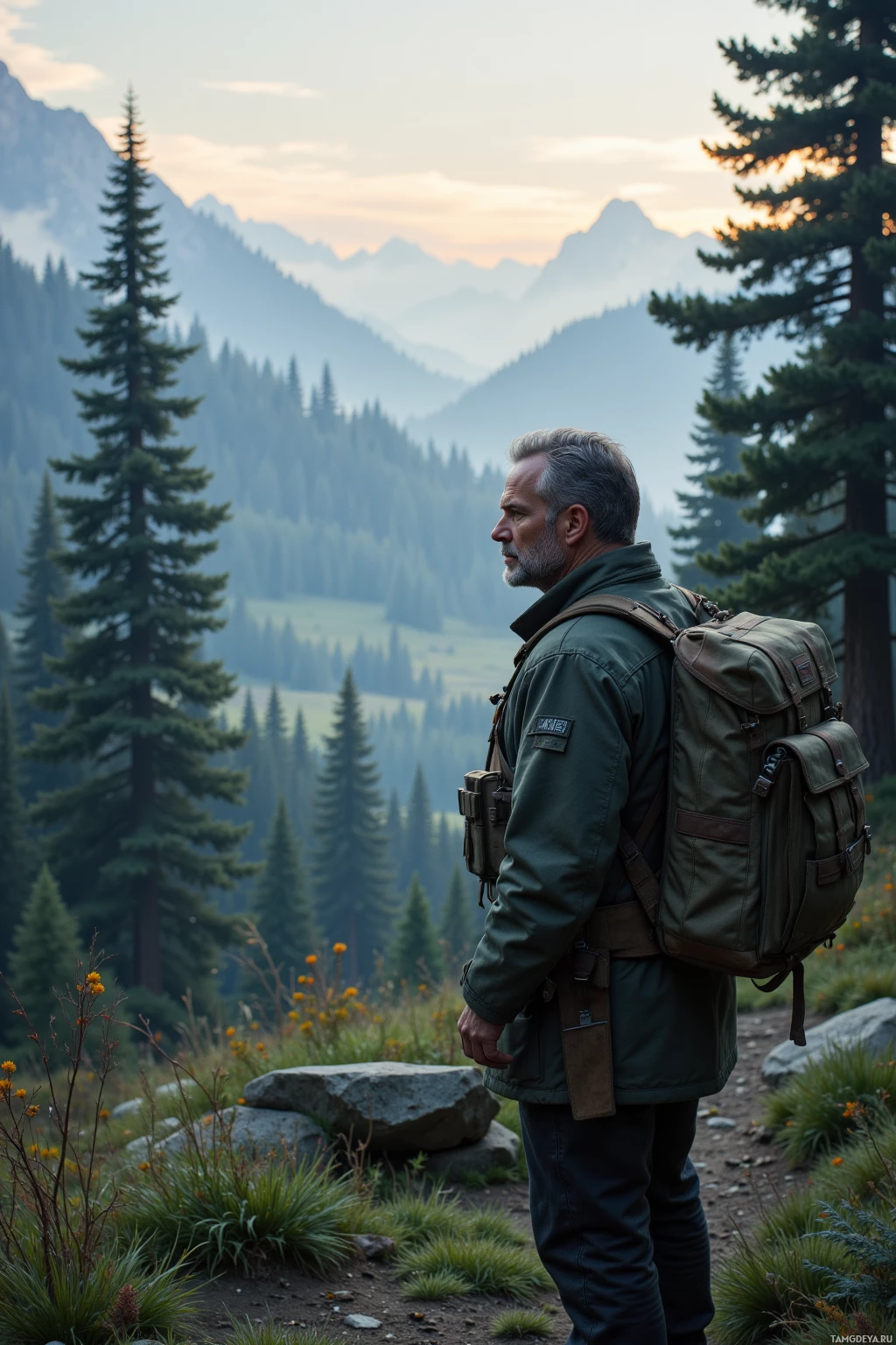 A man with a backpack stands on a trail, gazing at a mountainous landscape.