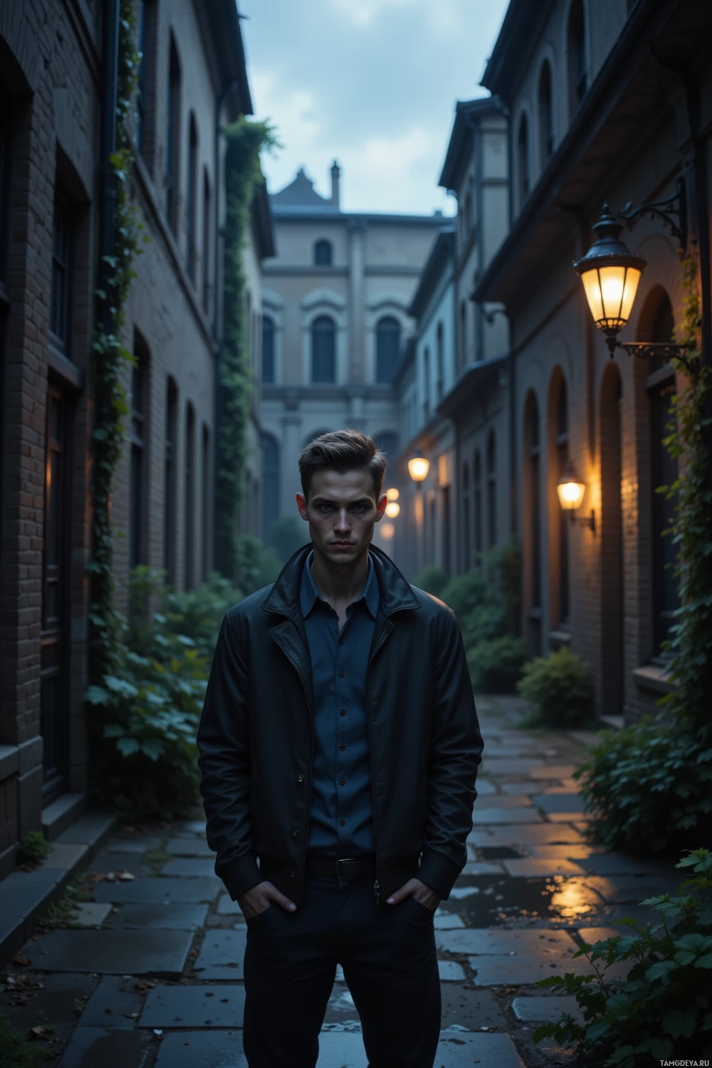 A man stands in a dimly lit alleyway with brick buildings and street lamps.
