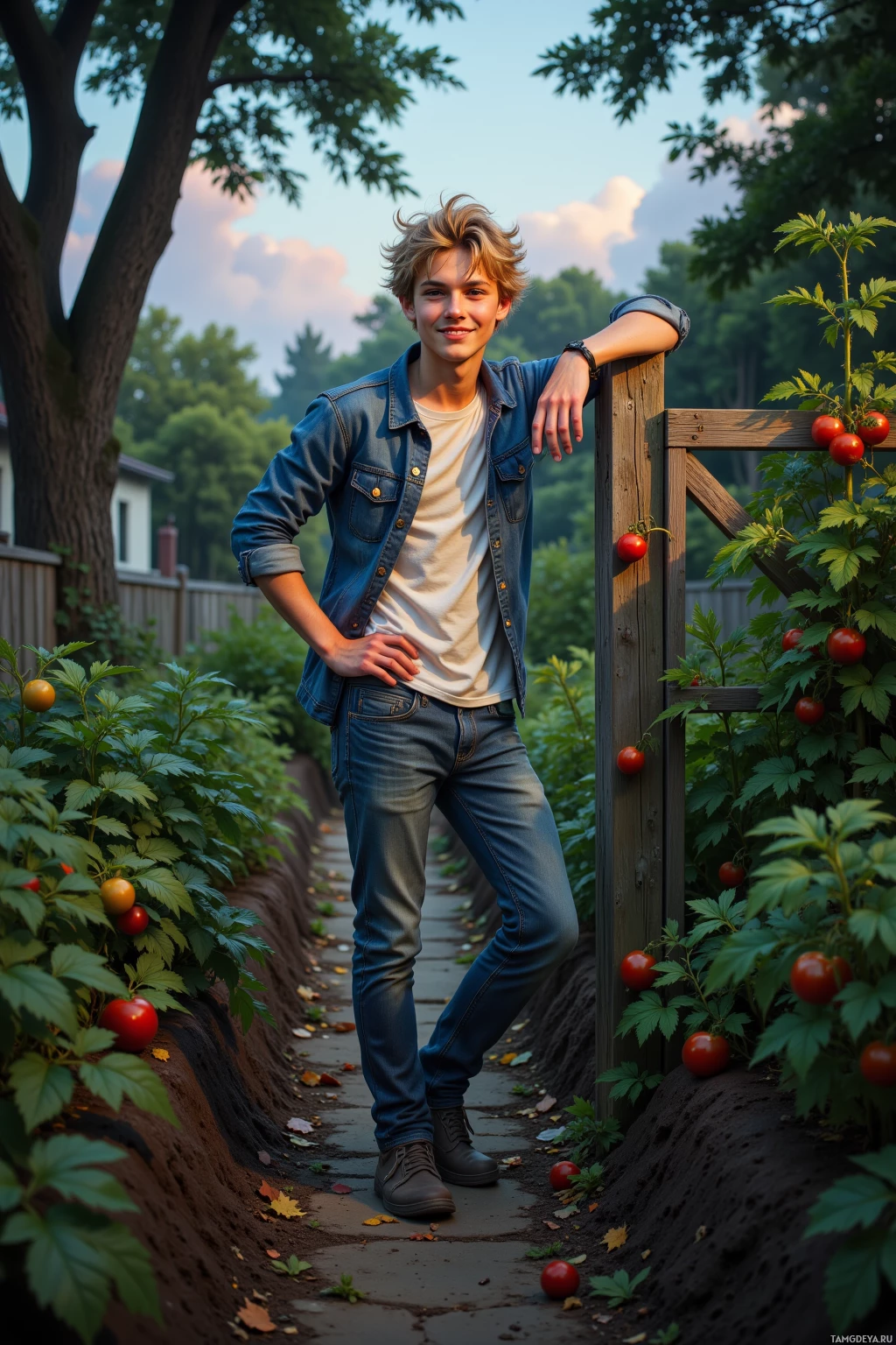 A young person stands outdoors in a garden, leaning on a wooden post, surrounded by greenery and small tomatoes.