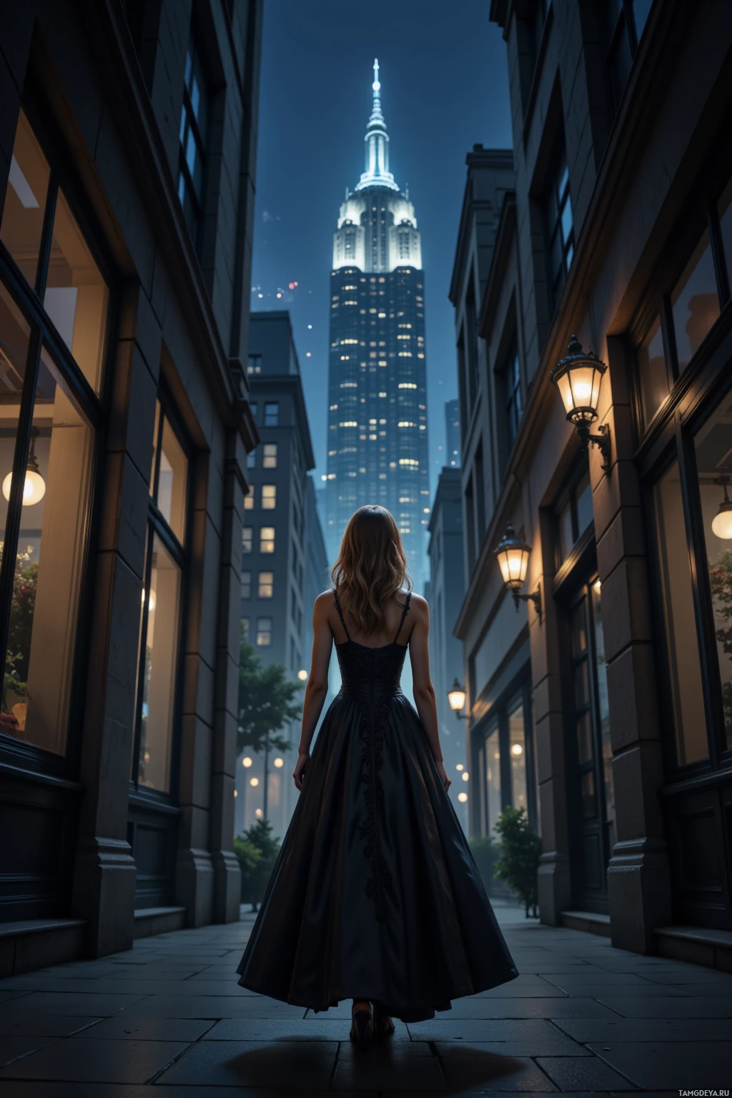 A woman in a long dress walks down a dimly lit alleyway towards the illuminated Empire State Building at night.