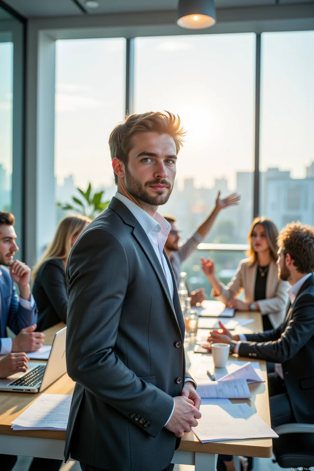 A professional man in a suit stands in a modern office setting with colleagues seated around a table.