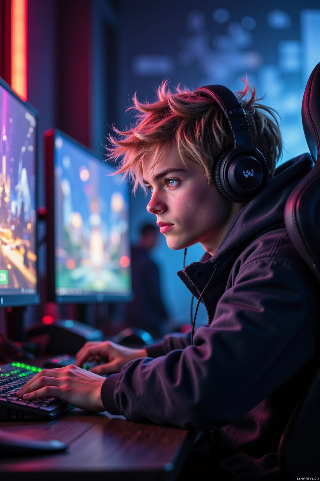 A person wearing headphones is seated at a desk, focused on a computer screen displaying a colorful game.