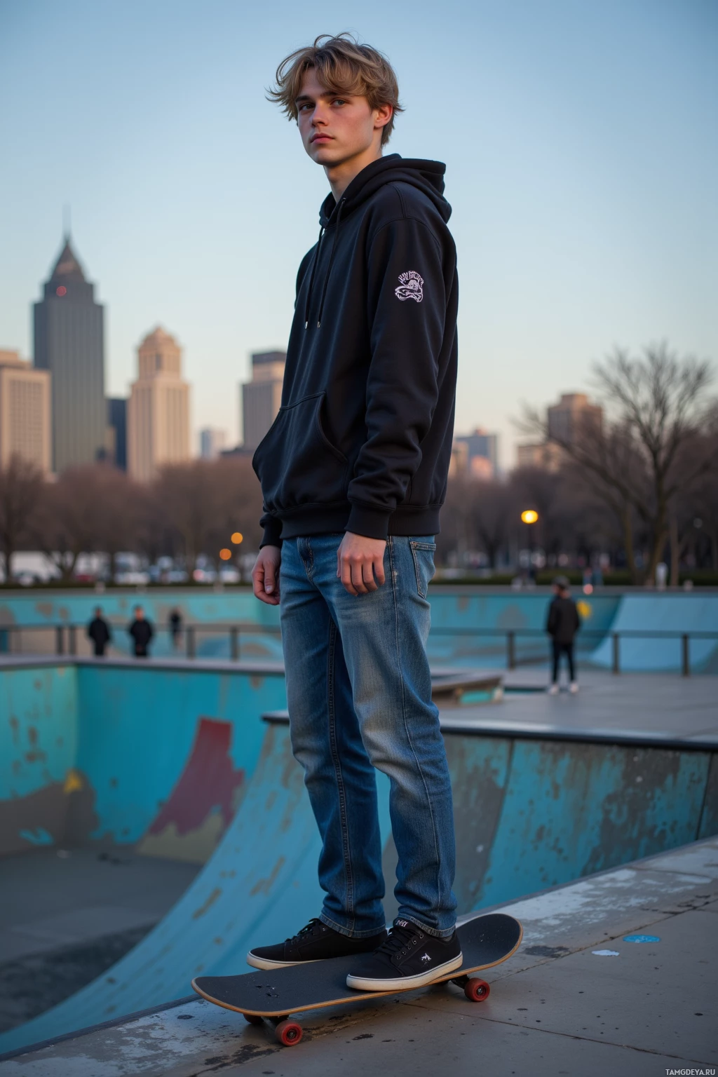 A person stands on a skateboard at a skatepark with a city skyline in the background.