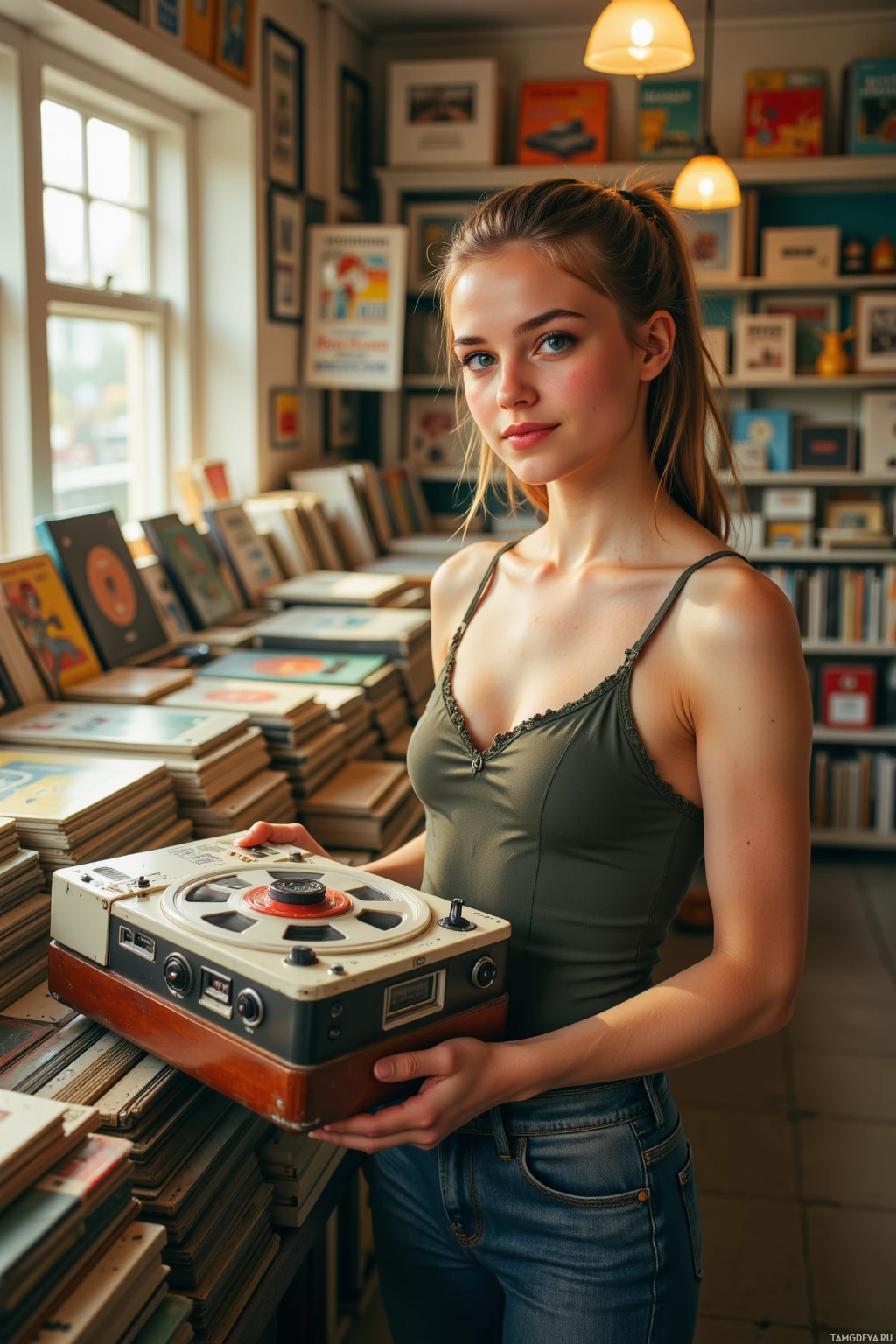 A person stands in a room filled with books, holding a vintage reel-to-reel tape recorder.