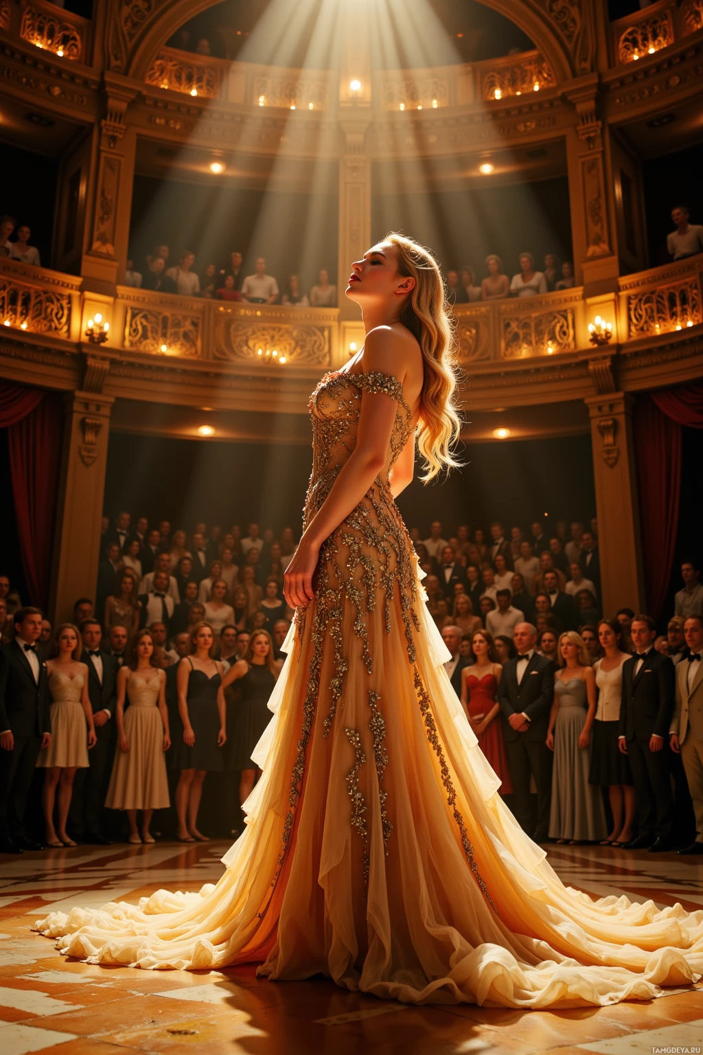 A woman in an elegant, beaded gown stands on a stage in front of an audience in a grand theater.