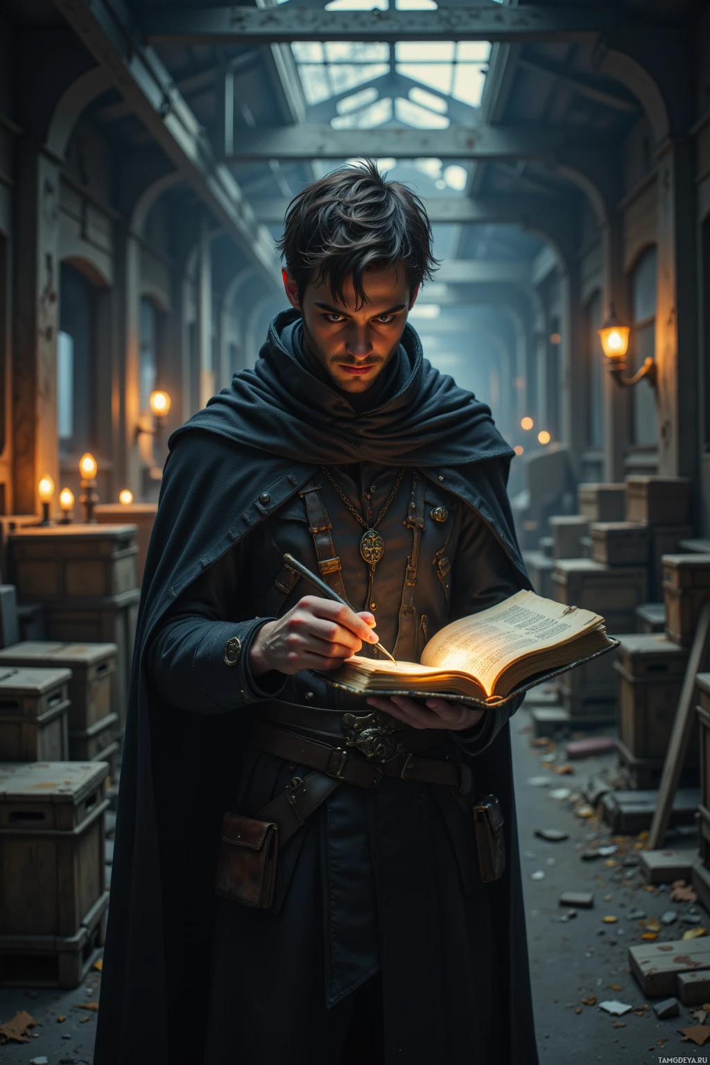 A man in a dark cloak writes in a book in a dimly lit, arched hallway.