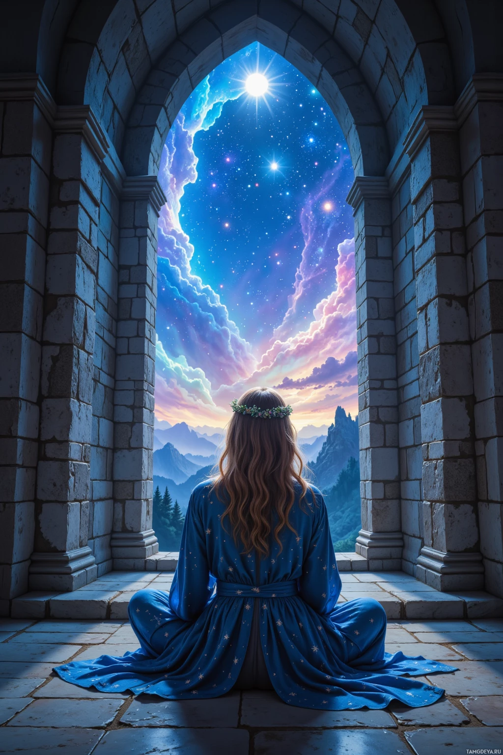 A person in a blue robe sits in a stone archway, gazing at a starry night sky.