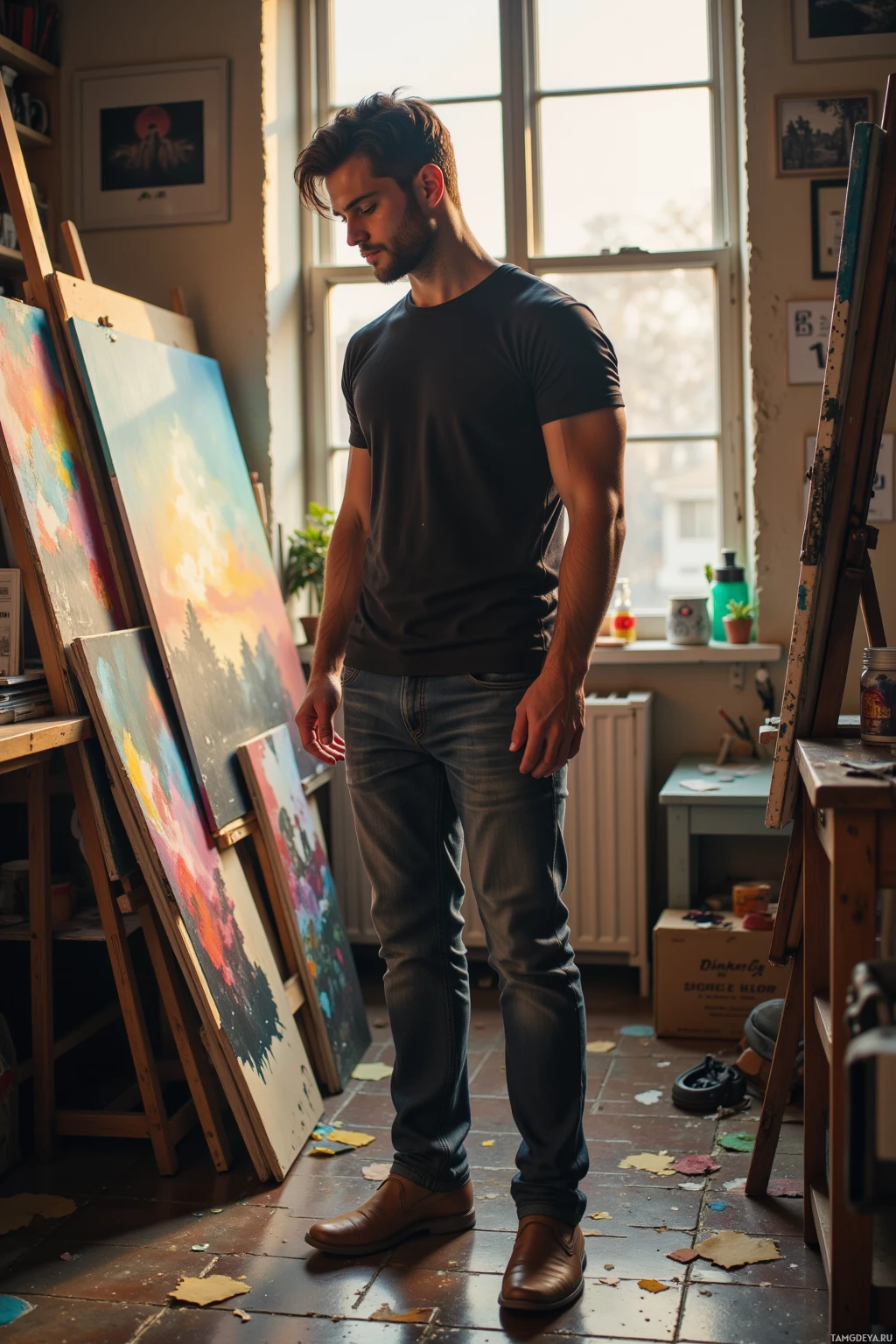 A man stands in an artist's studio, surrounded by paintings and art supplies.