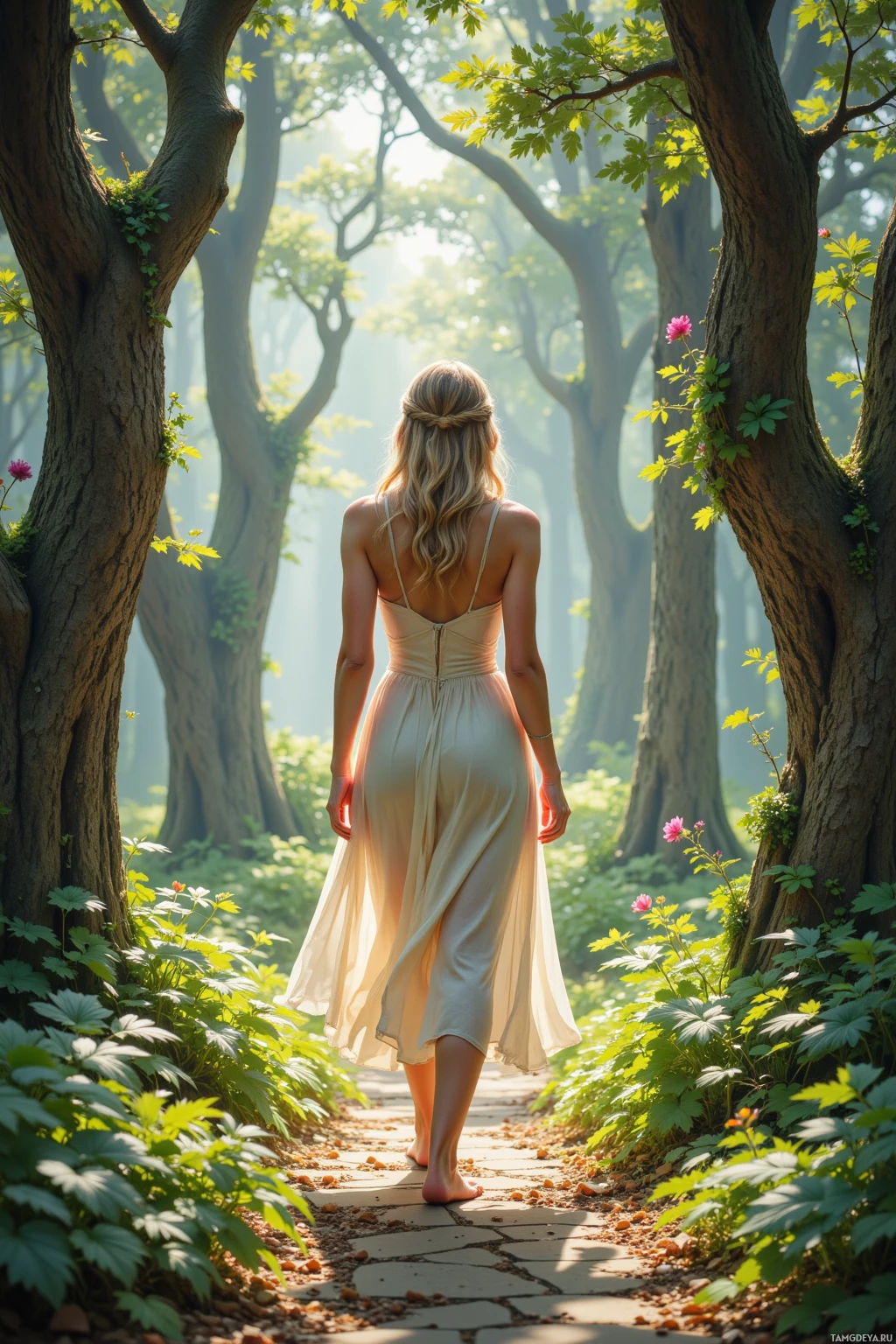 A woman in a flowing dress walks barefoot along a stone path in a lush, sunlit forest.