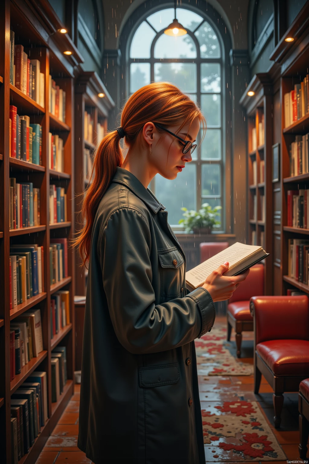 A woman in a leather jacket reads a book in a library with bookshelves and a window.