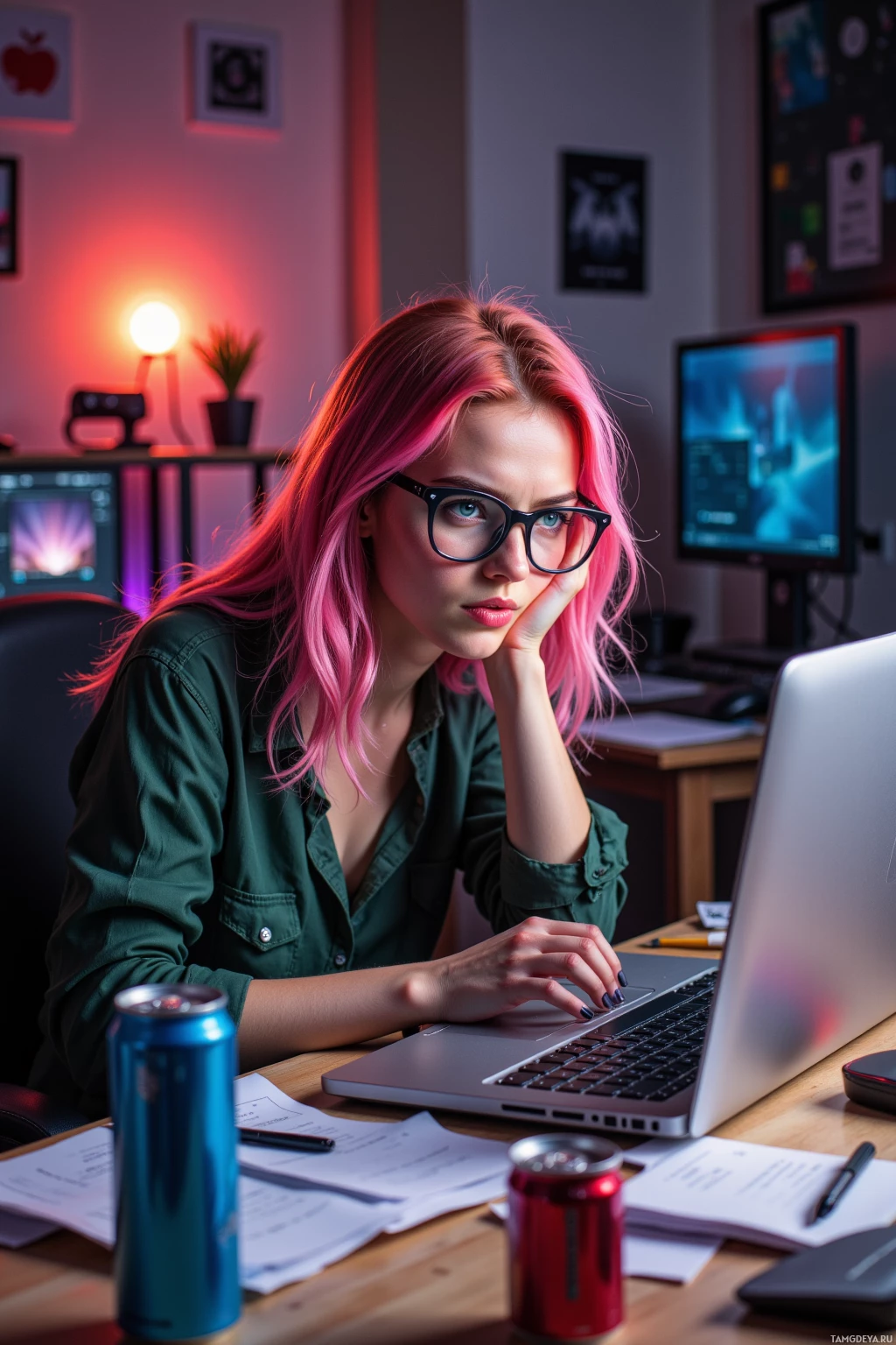 A person with pink hair sits at a desk, working on a laptop in a dimly lit room with colorful lighting.