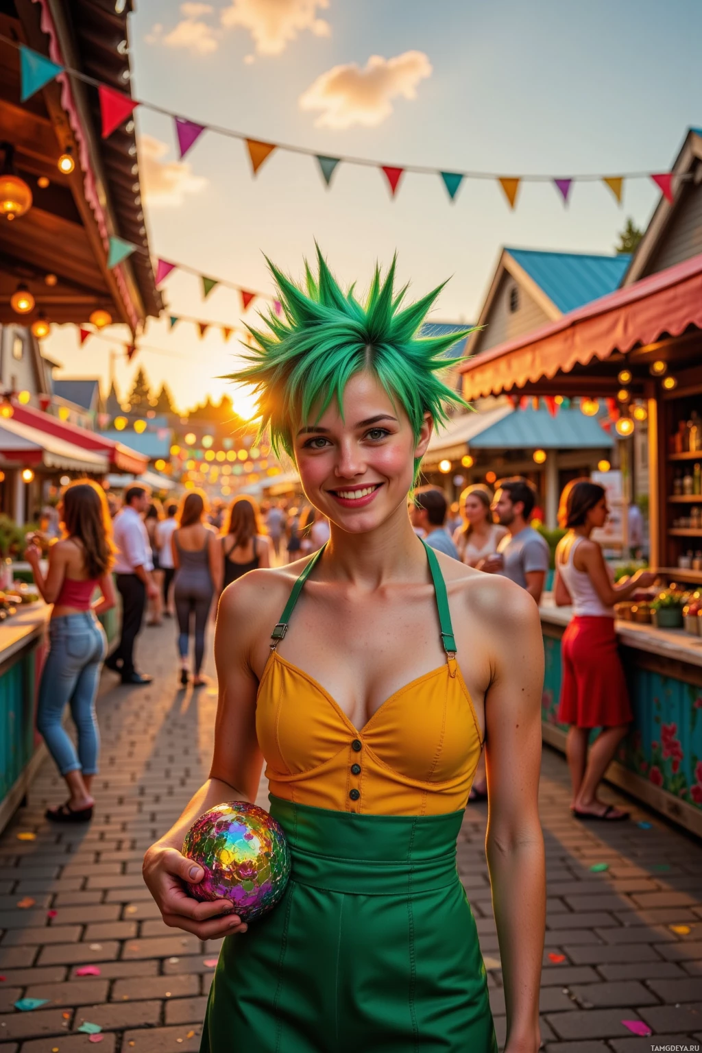 A woman with vibrant green hair stands at a lively outdoor market, holding a colorful ball.