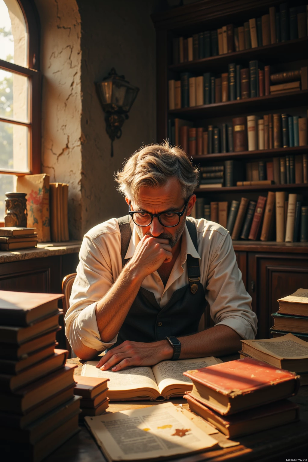 A man sits at a desk surrounded by books, deeply engrossed in reading.