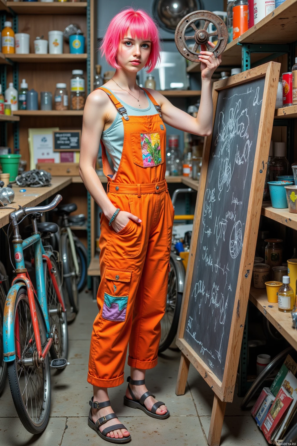 A person in orange overalls stands in a workshop with a bicycle and shelves in the background.