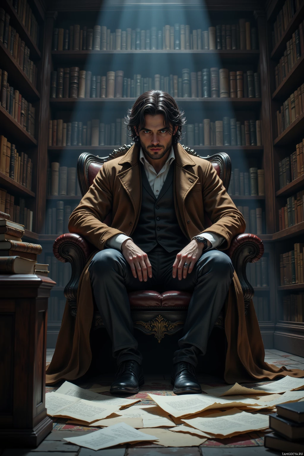 A man in a brown coat sits in a leather chair in a library filled with books.