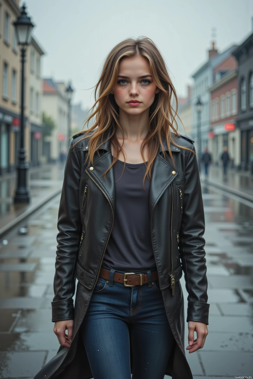 A person wearing a leather jacket and jeans walks down a wet street.