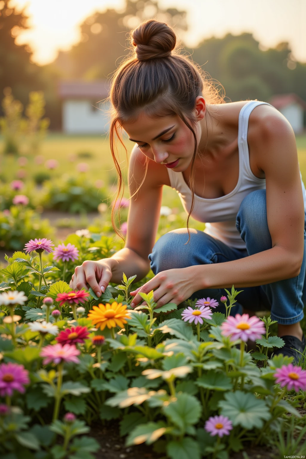 A woman in a white tank top and jeans kneels in a garden, tending to flowers.