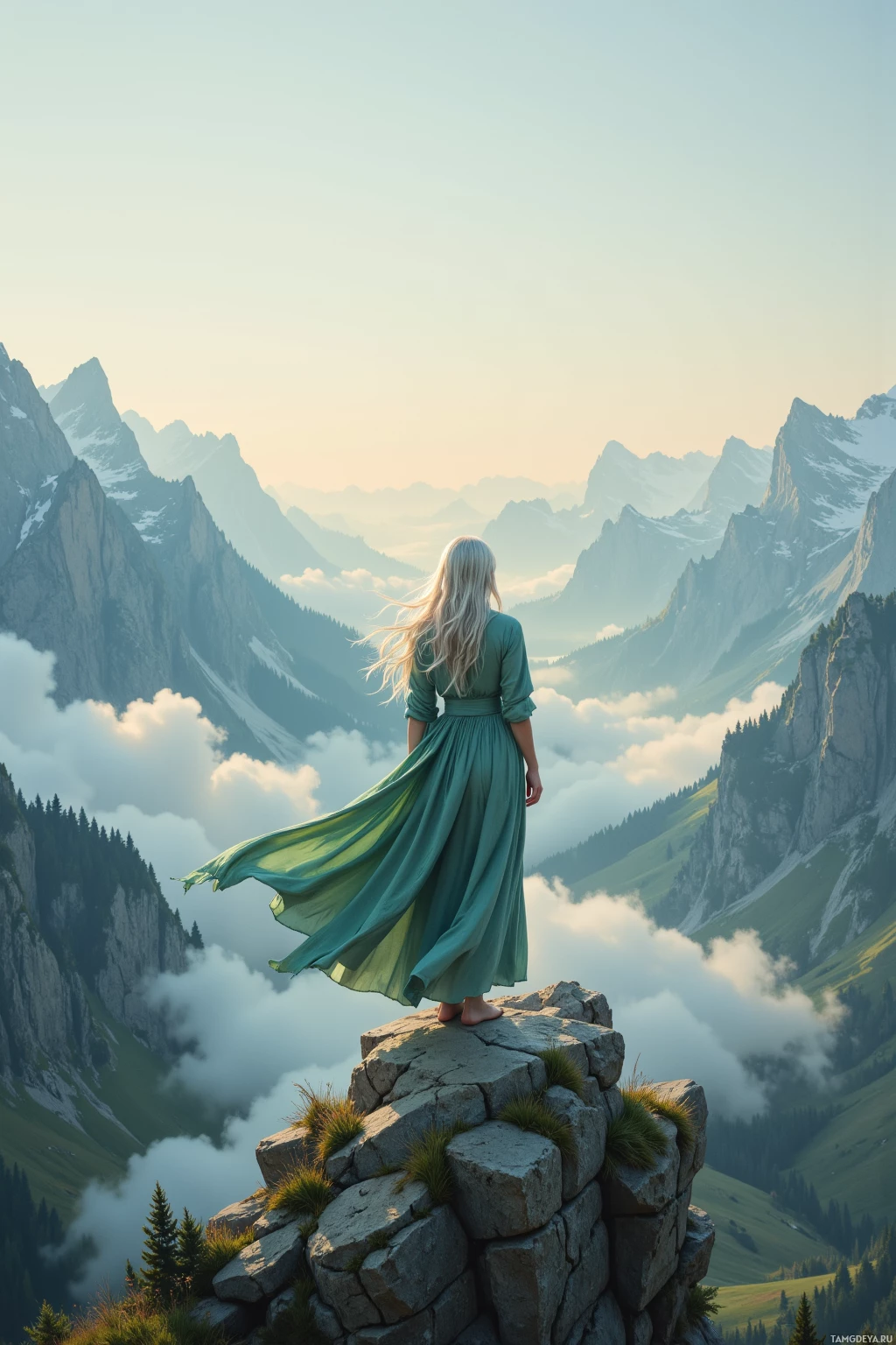 A woman in a flowing dress stands on a rocky peak overlooking a misty mountain landscape.