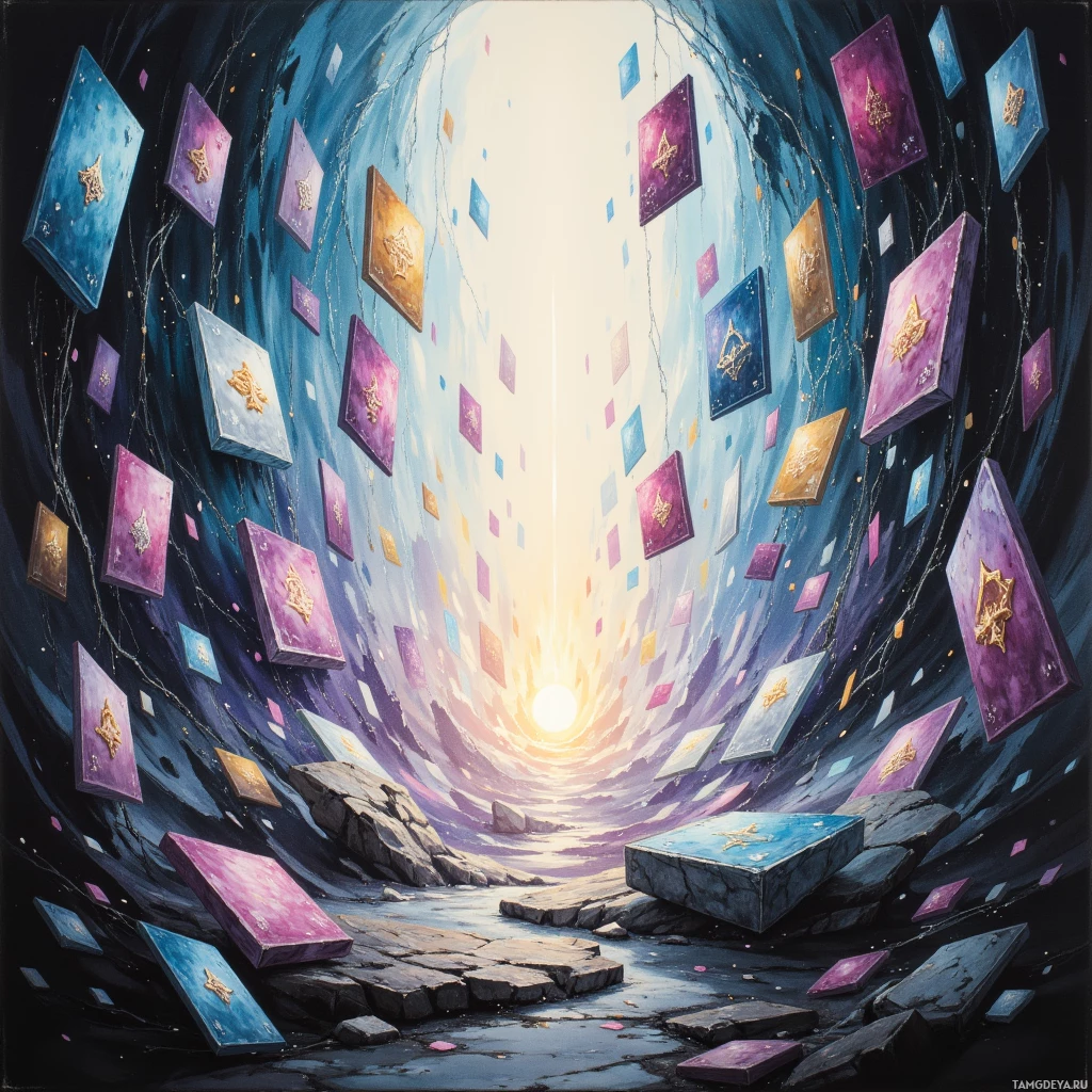 A mystical tunnel with glowing squares and a bright light at the end.