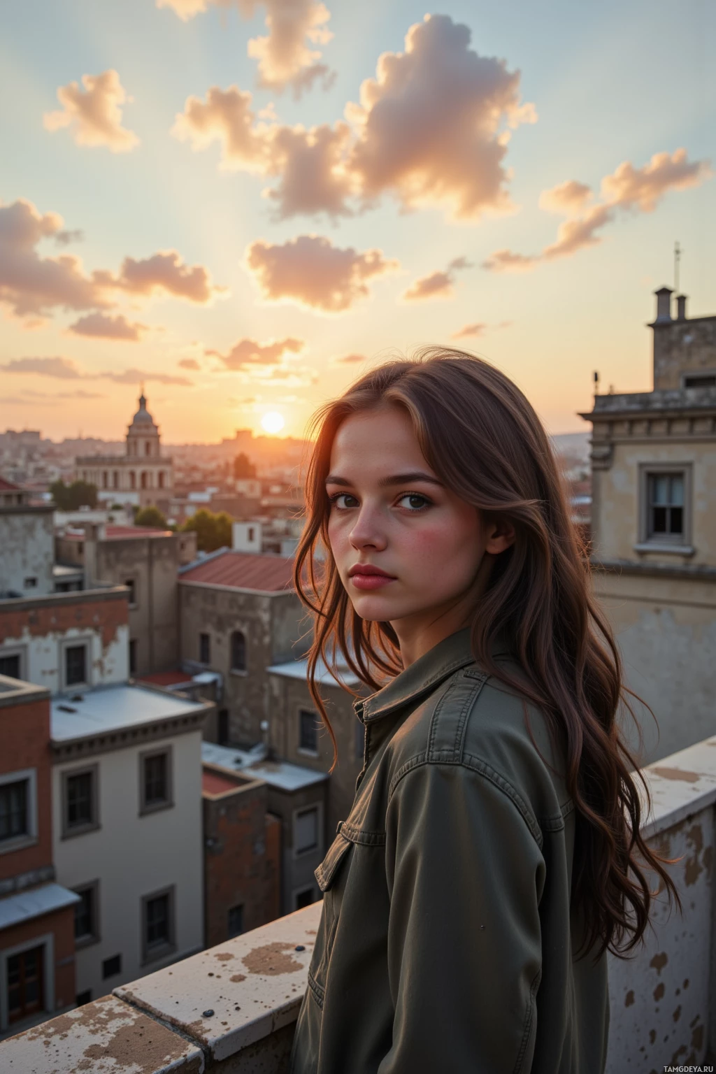 A person stands on a rooftop overlooking a cityscape at sunset.