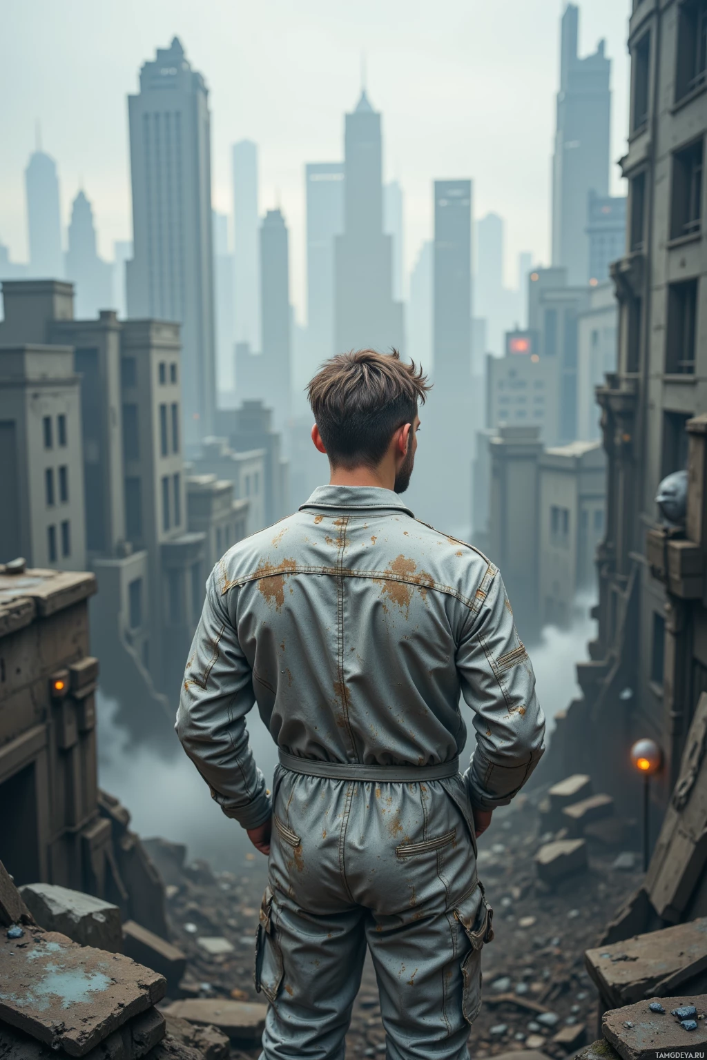 A person in a dirty jumpsuit stands on a rooftop overlooking a desolate cityscape.