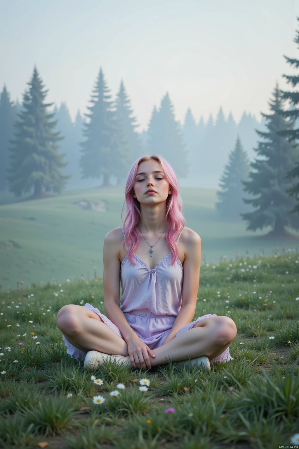 A person with pink hair sits cross-legged on a grassy field with trees in the background.