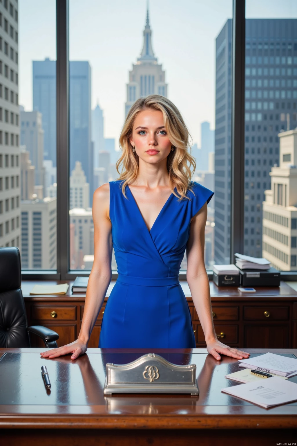 A woman in a blue dress stands at a desk in an office with a cityscape view.