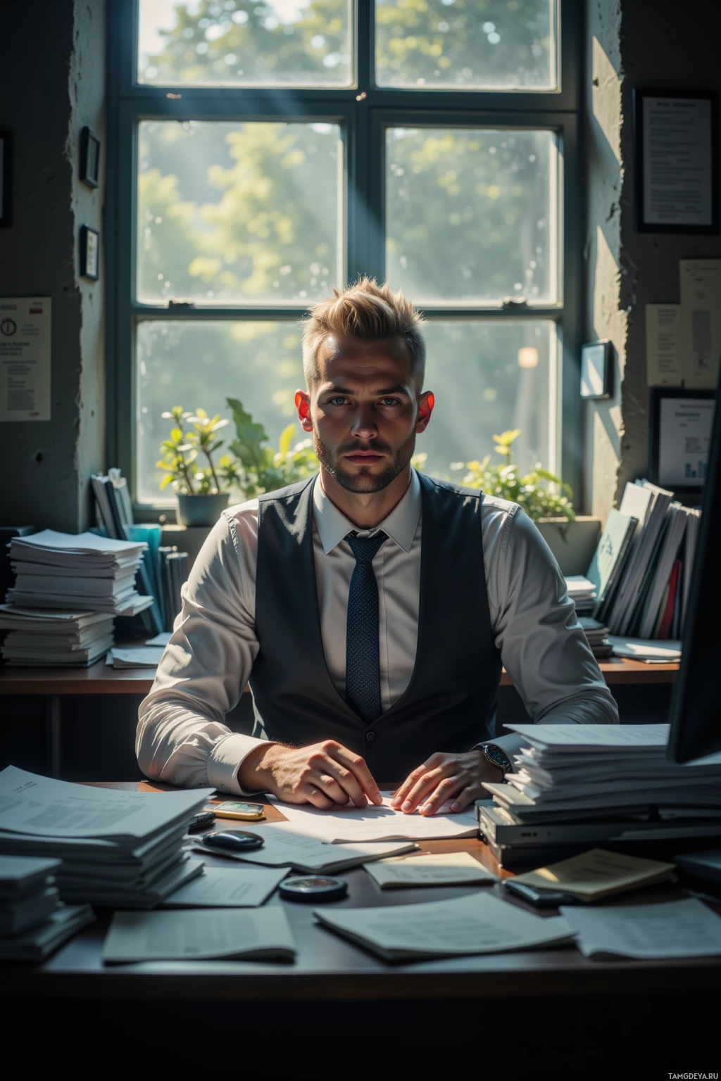 A man in formal attire sits at a desk in an office, surrounded by papers and a window with natural light.