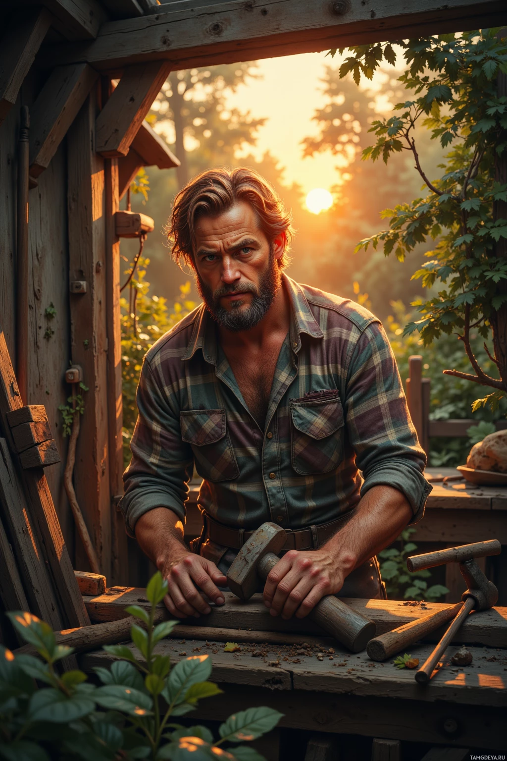 A man with a beard and plaid shirt stands outdoors, leaning on a wooden workbench with tools, bathed in the warm light of a setting sun.