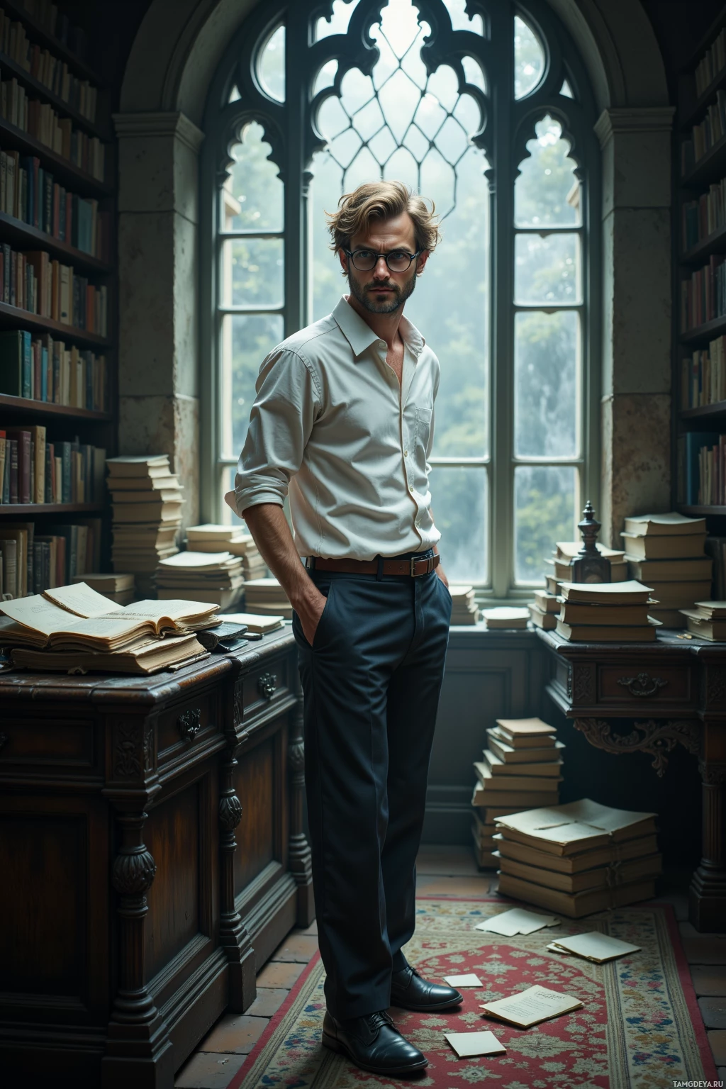 A man in a white shirt and dark trousers stands in a library with books and a large window.