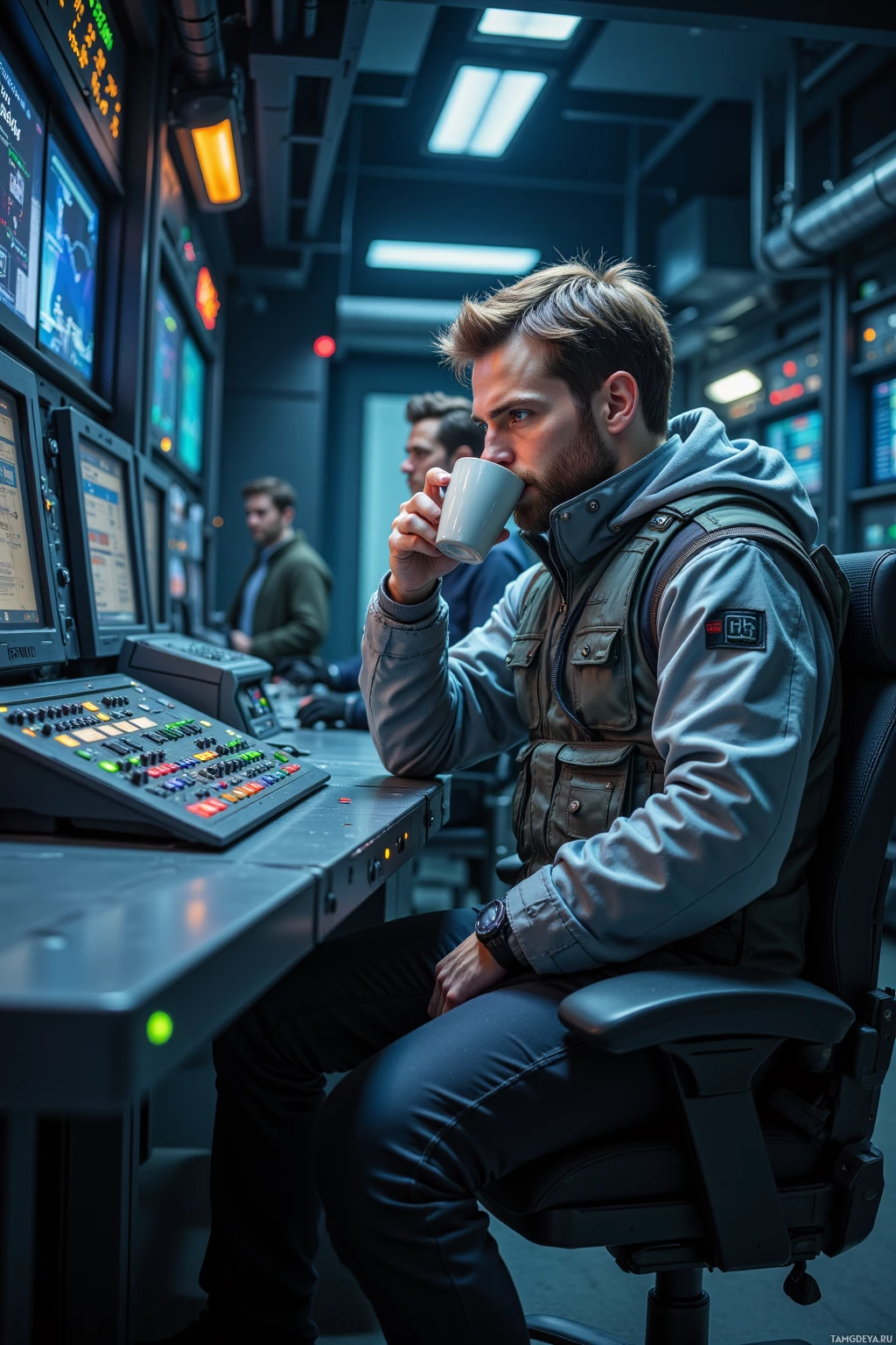 A man in a control room takes a sip from a mug while seated at a console.