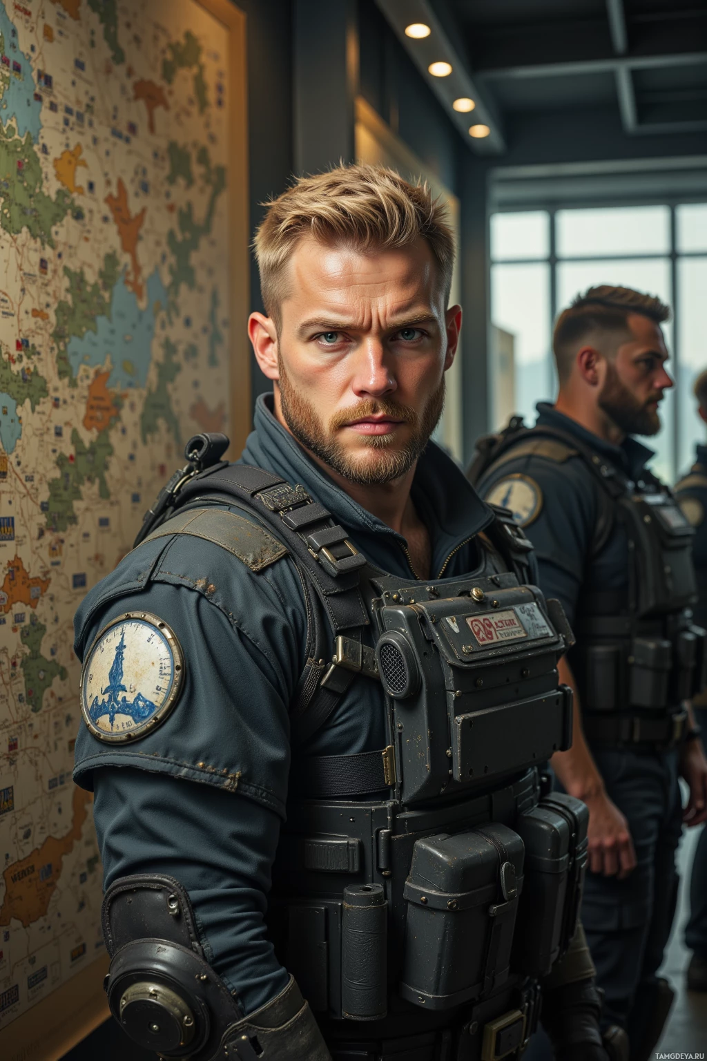 A man in tactical gear stands in front of a map, with another person in similar attire in the background.