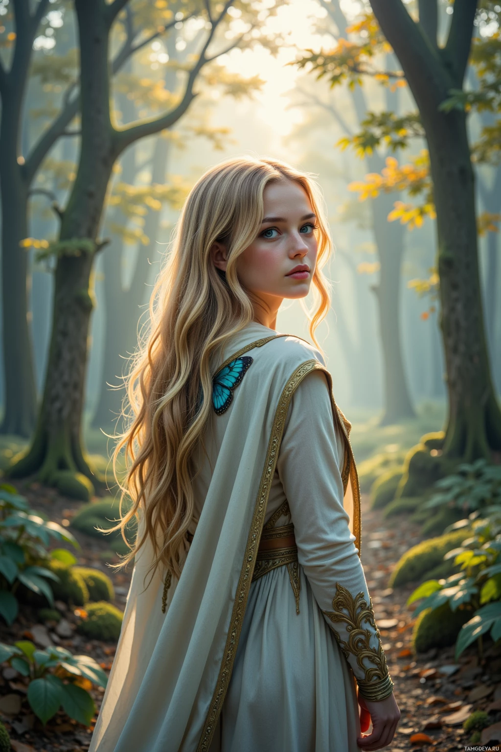 A woman in a flowing white dress with gold accents stands in a serene forest with sunlight filtering through the trees.