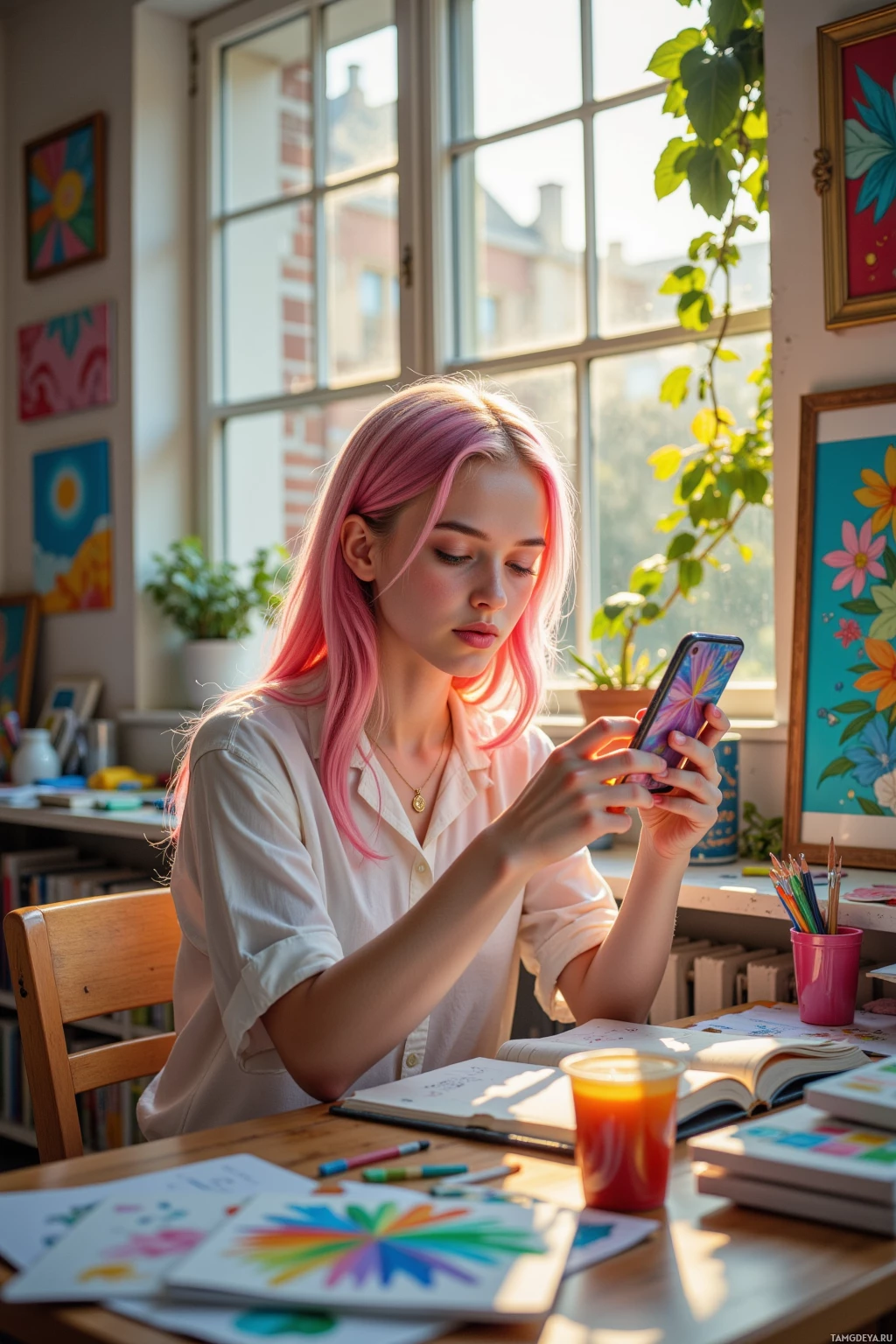 A young person with pink hair sits at a desk, holding a smartphone, surrounded by art supplies and colorful artwork.