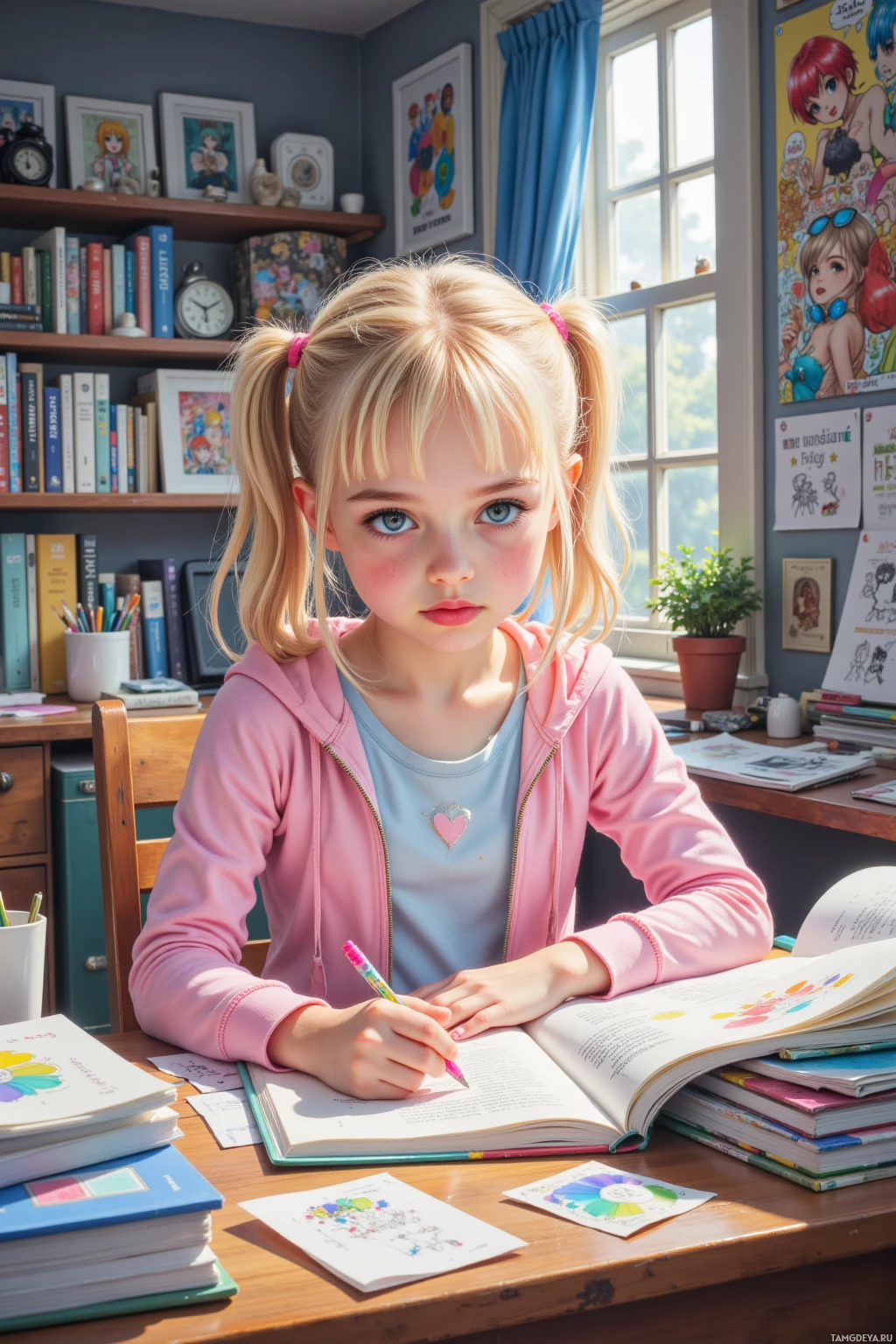 A young girl sits at a desk, writing in a notebook with a colorful pencil.