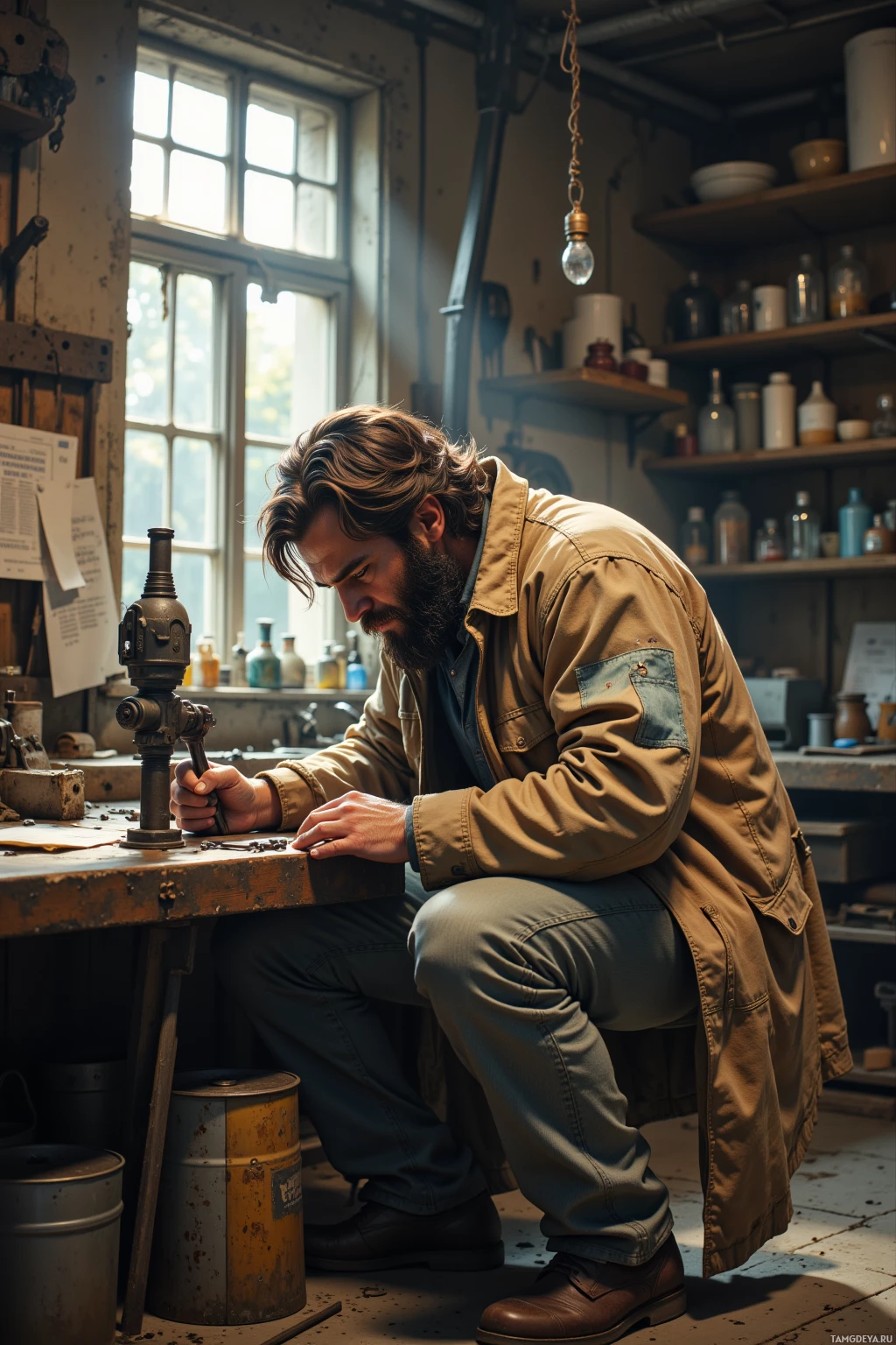 A man in a workshop is focused on a task, kneeling and working with tools.