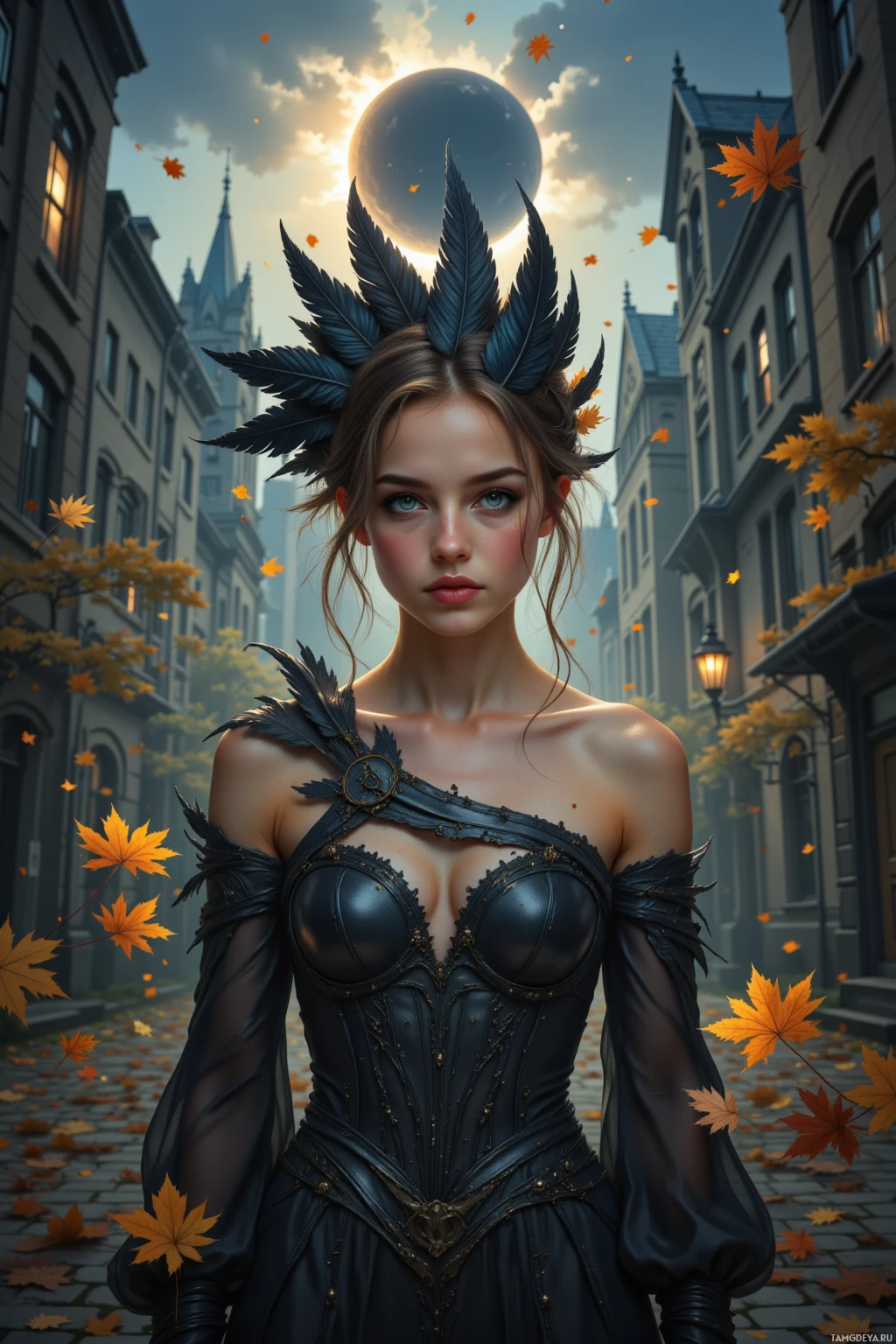 A woman in a dark, ornate outfit with a feathered headdress stands in a cobblestone street with autumn leaves falling around her.