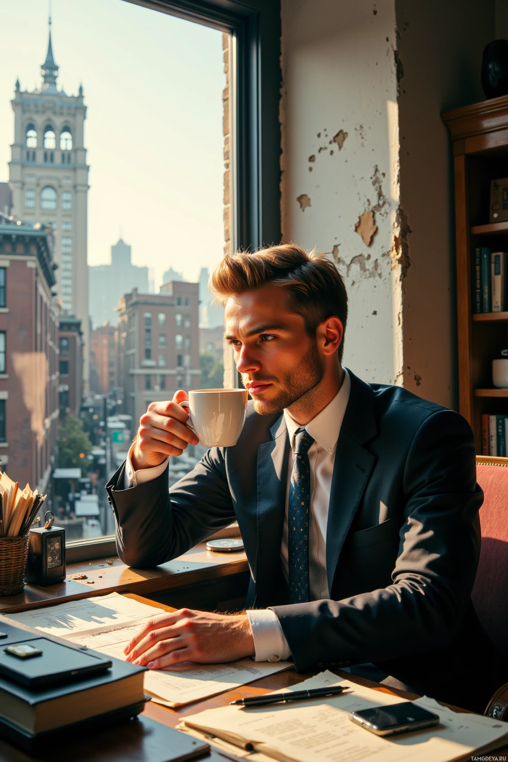 A man in a suit sits at a desk, sipping coffee, with a cityscape visible through the window.