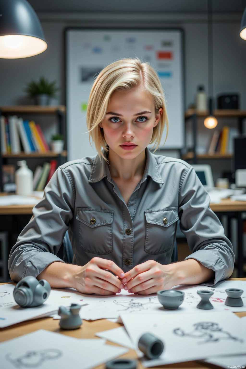 A person sits at a desk with papers and small objects, in a room with shelves and a whiteboard.