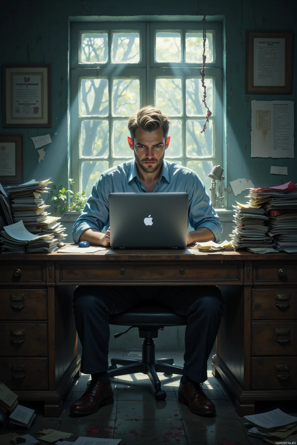A man sits at a desk in a sunlit room, working on a laptop surrounded by stacks of papers.