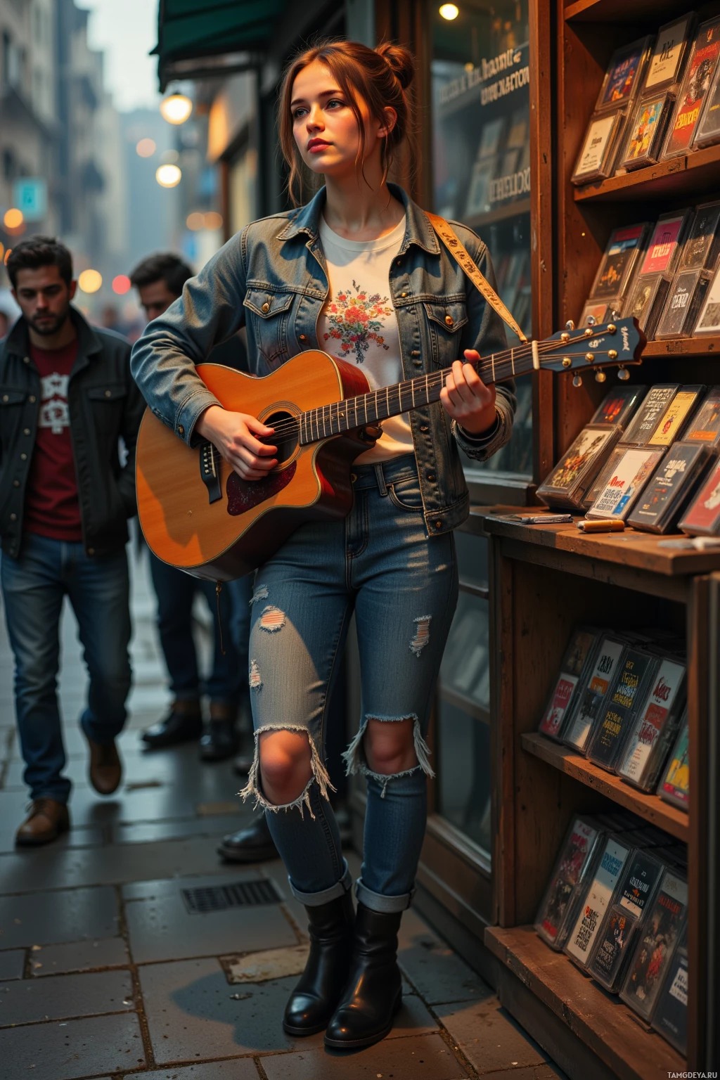 A young woman plays an acoustic guitar outside a record store.