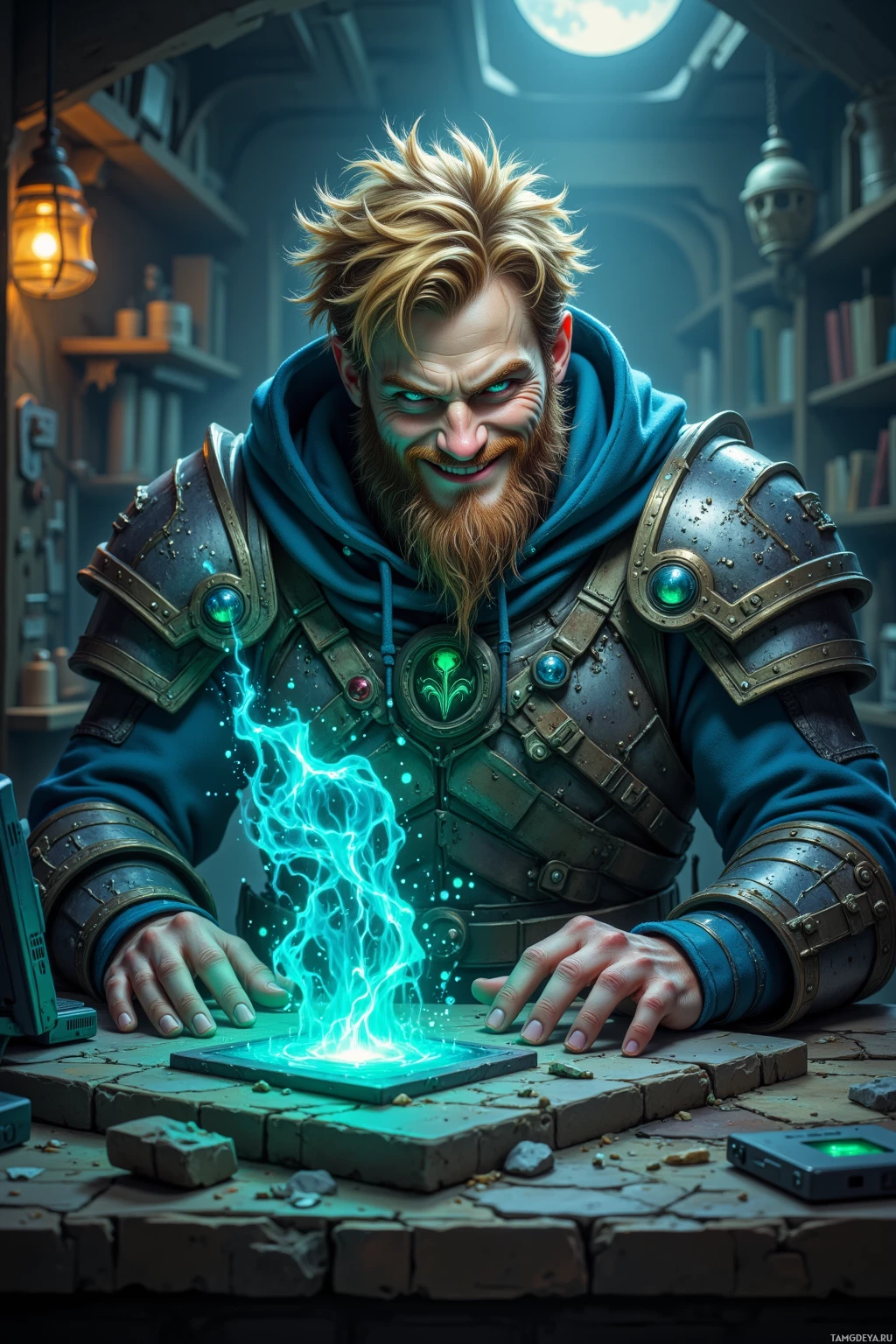 A character in armor with glowing blue energy emanating from a device on a table.