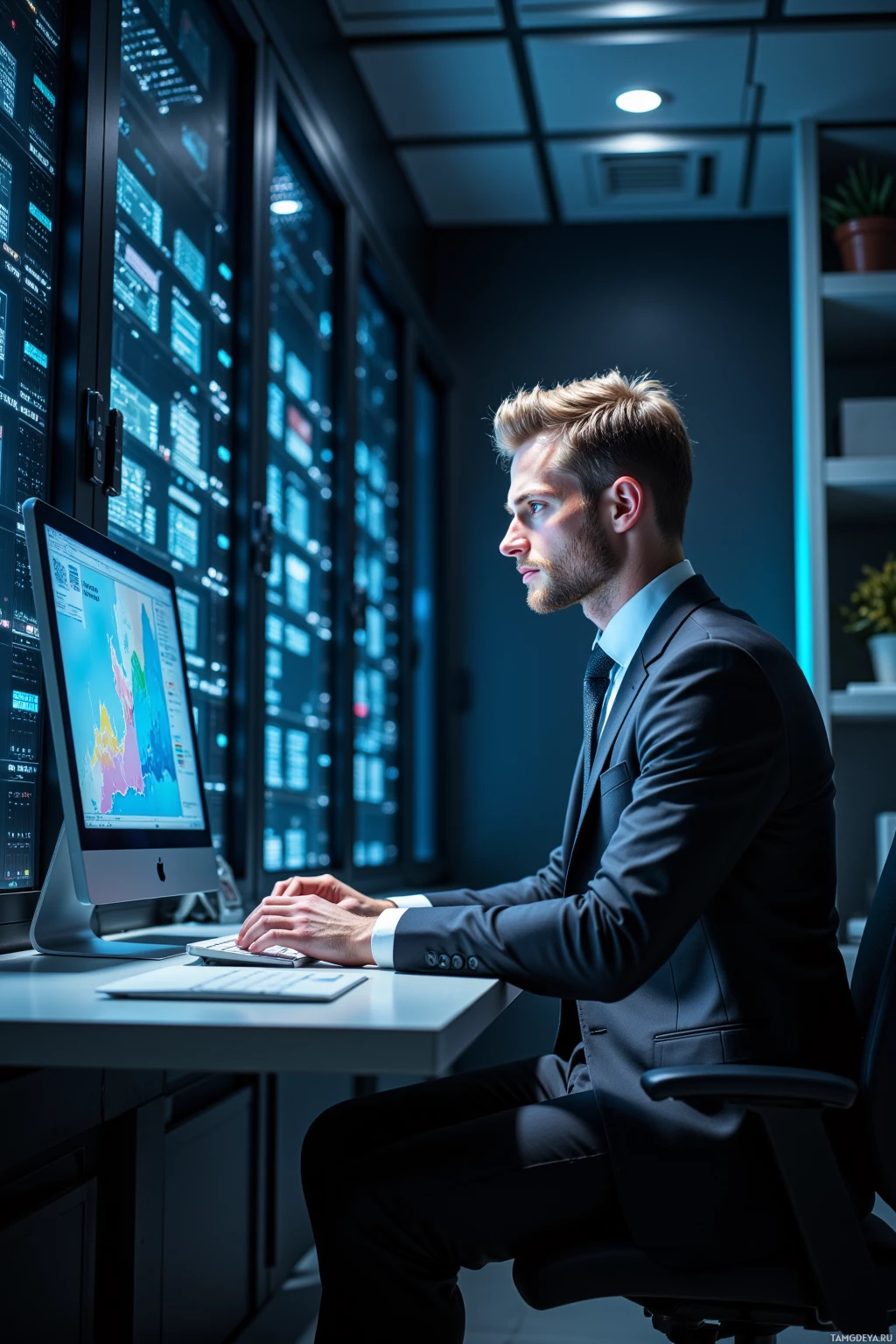 A man in a suit works at a desk with multiple monitors displaying data in a dimly lit office.