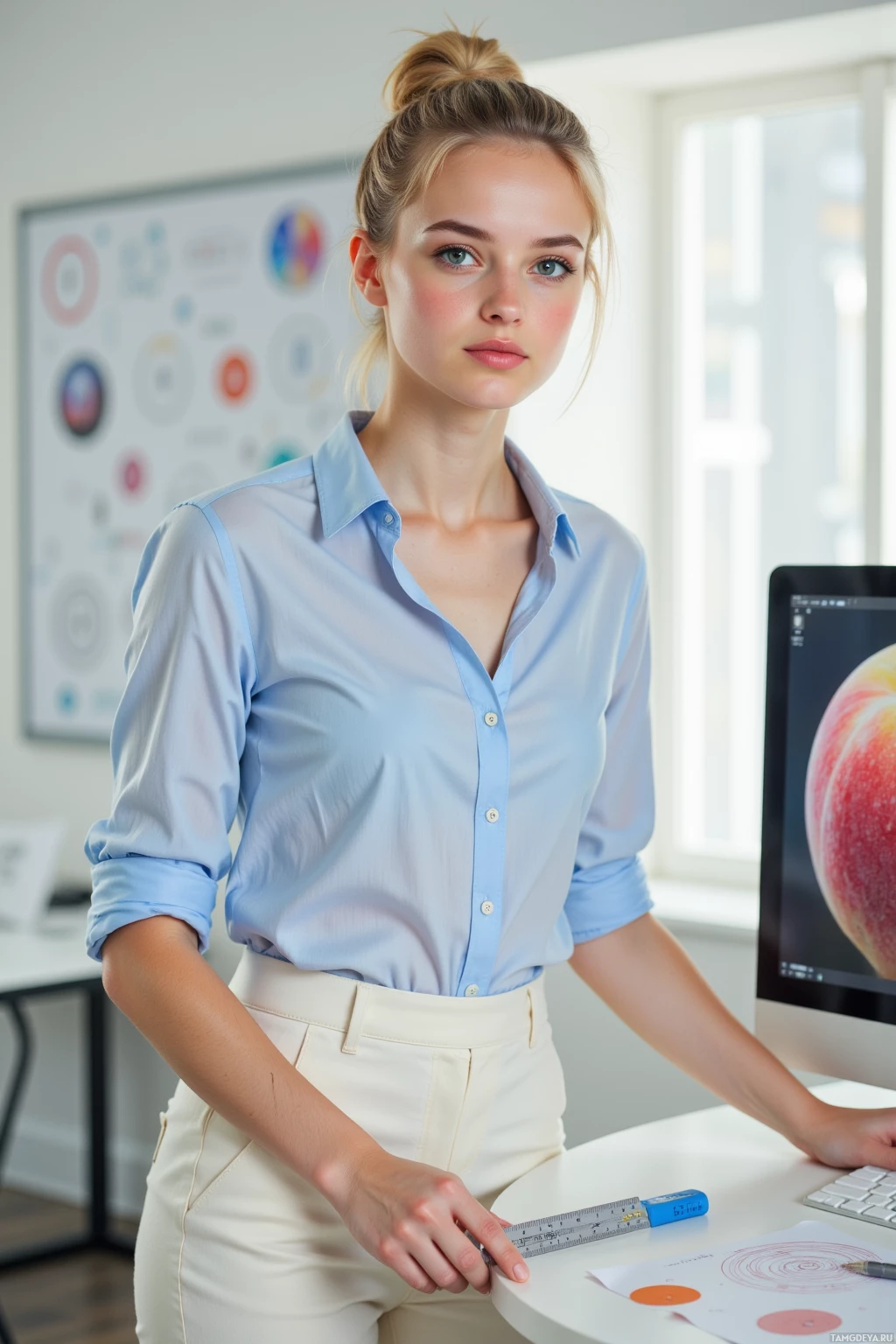 A woman in a light blue shirt and white pants stands at a desk in a bright office setting.