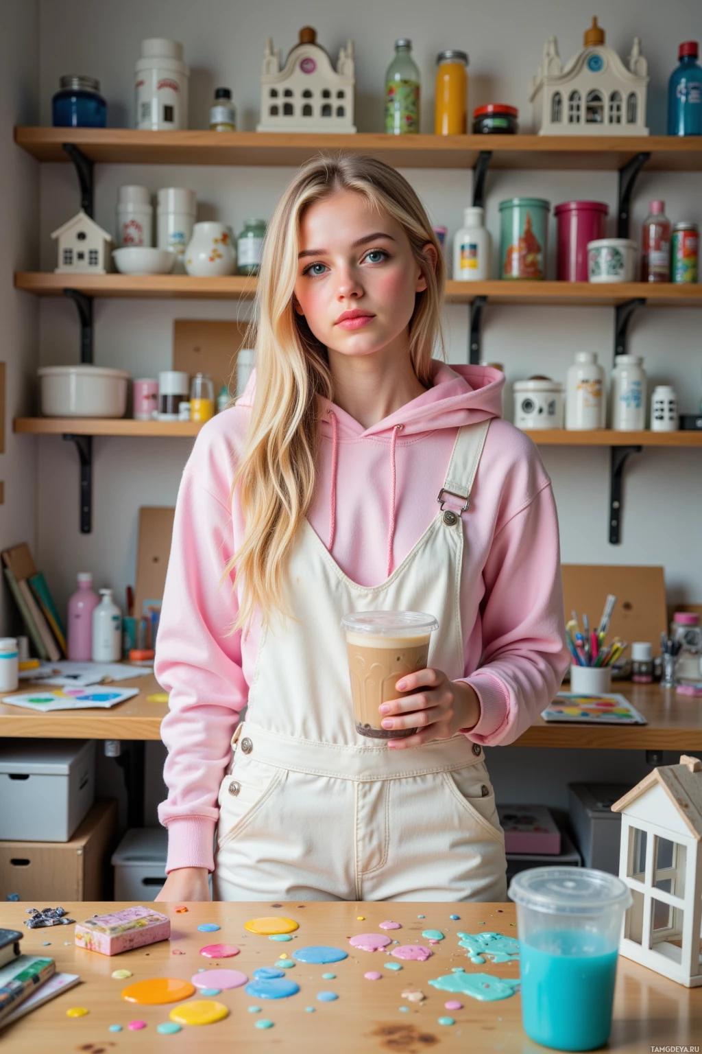 A person in a pink hoodie and white overalls holds a drink, standing in a room with shelves and a table with colorful paint splatters.