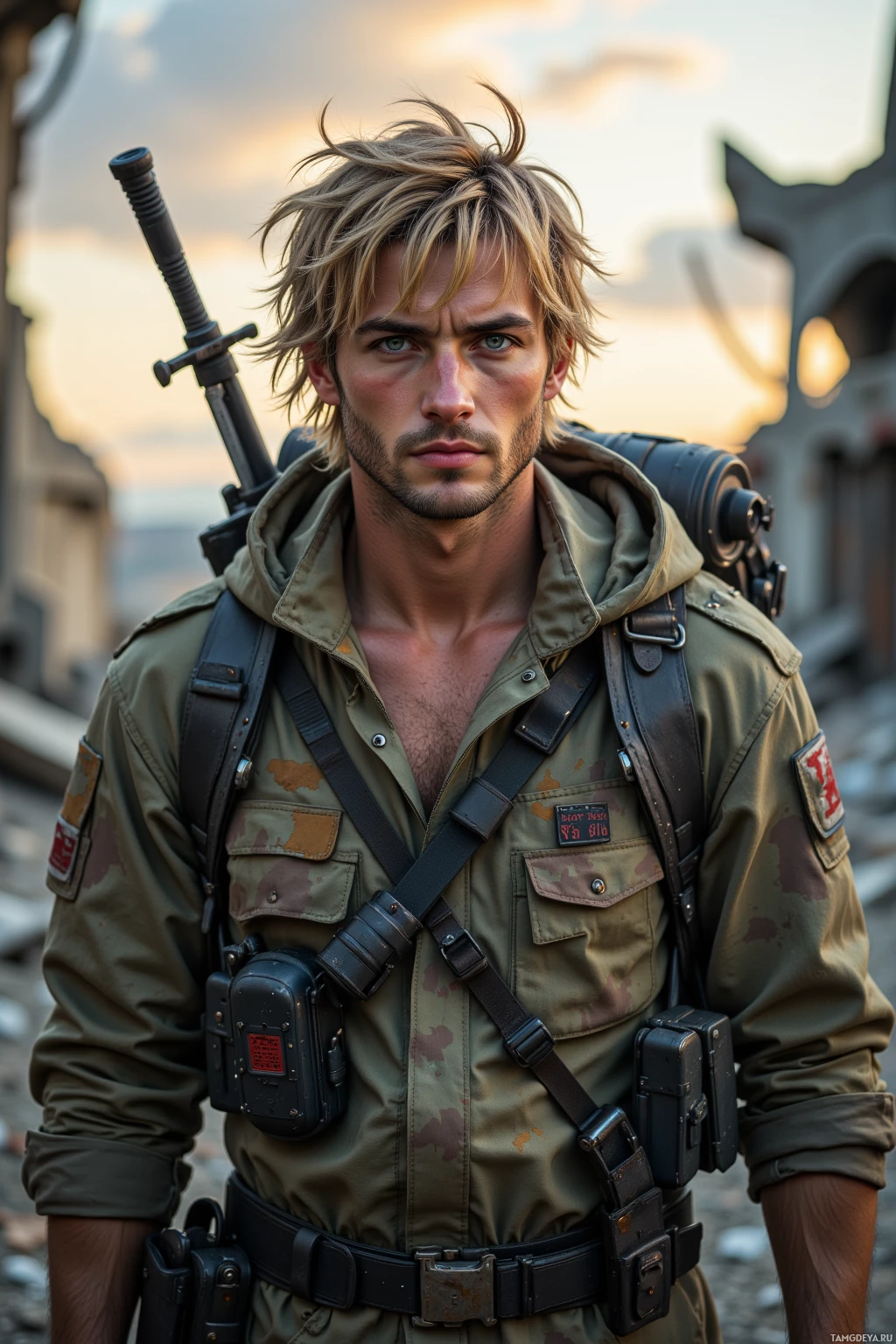 A person in military attire with a sword on their back stands against a backdrop of a sunset.