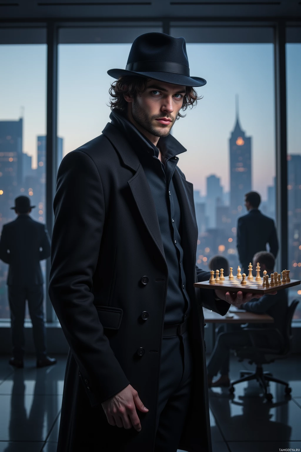 A man in a black coat and hat stands in a modern office with a chessboard in his hand, overlooking a cityscape.