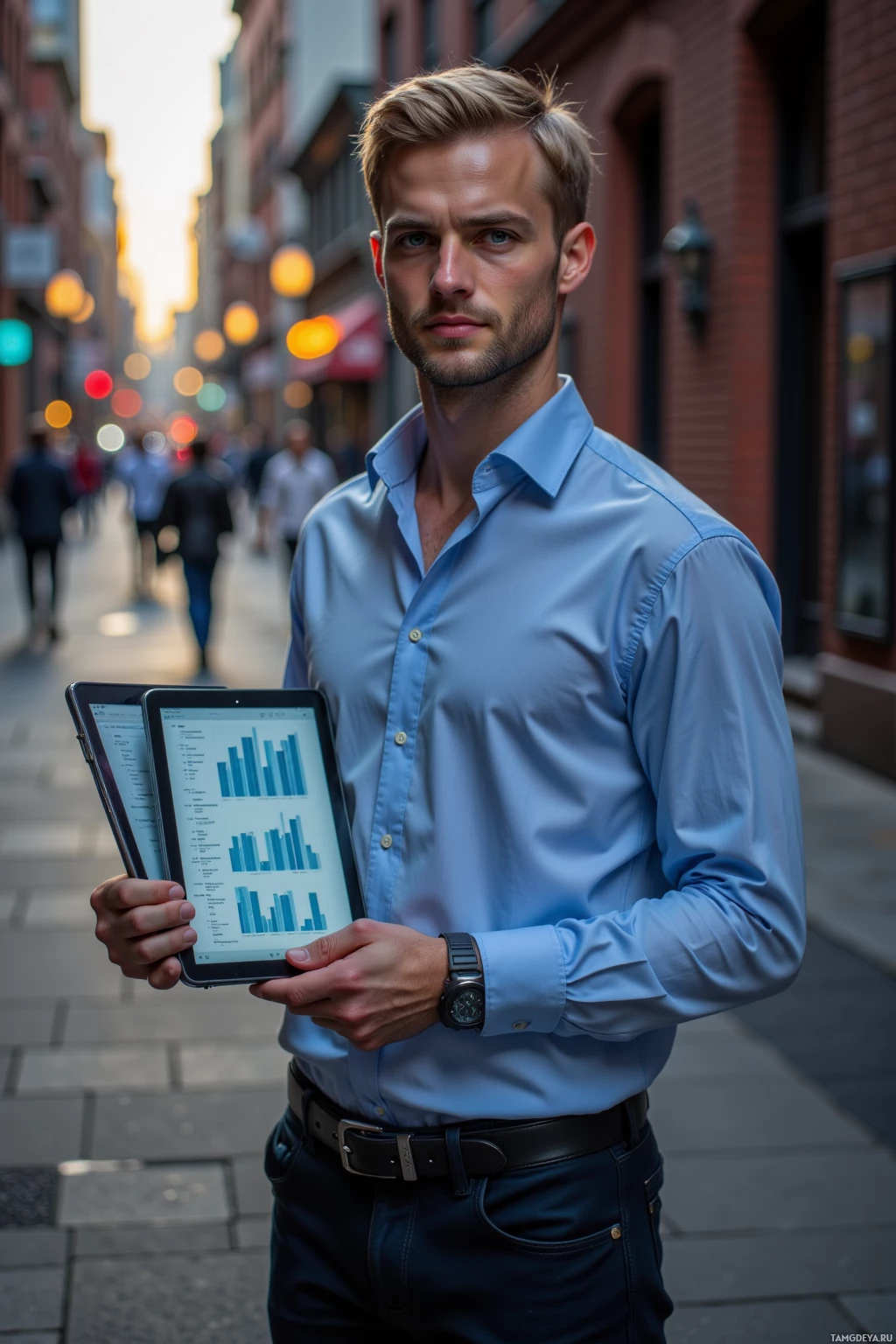 A man in a blue shirt holds a tablet displaying graphs, standing on a city street.
